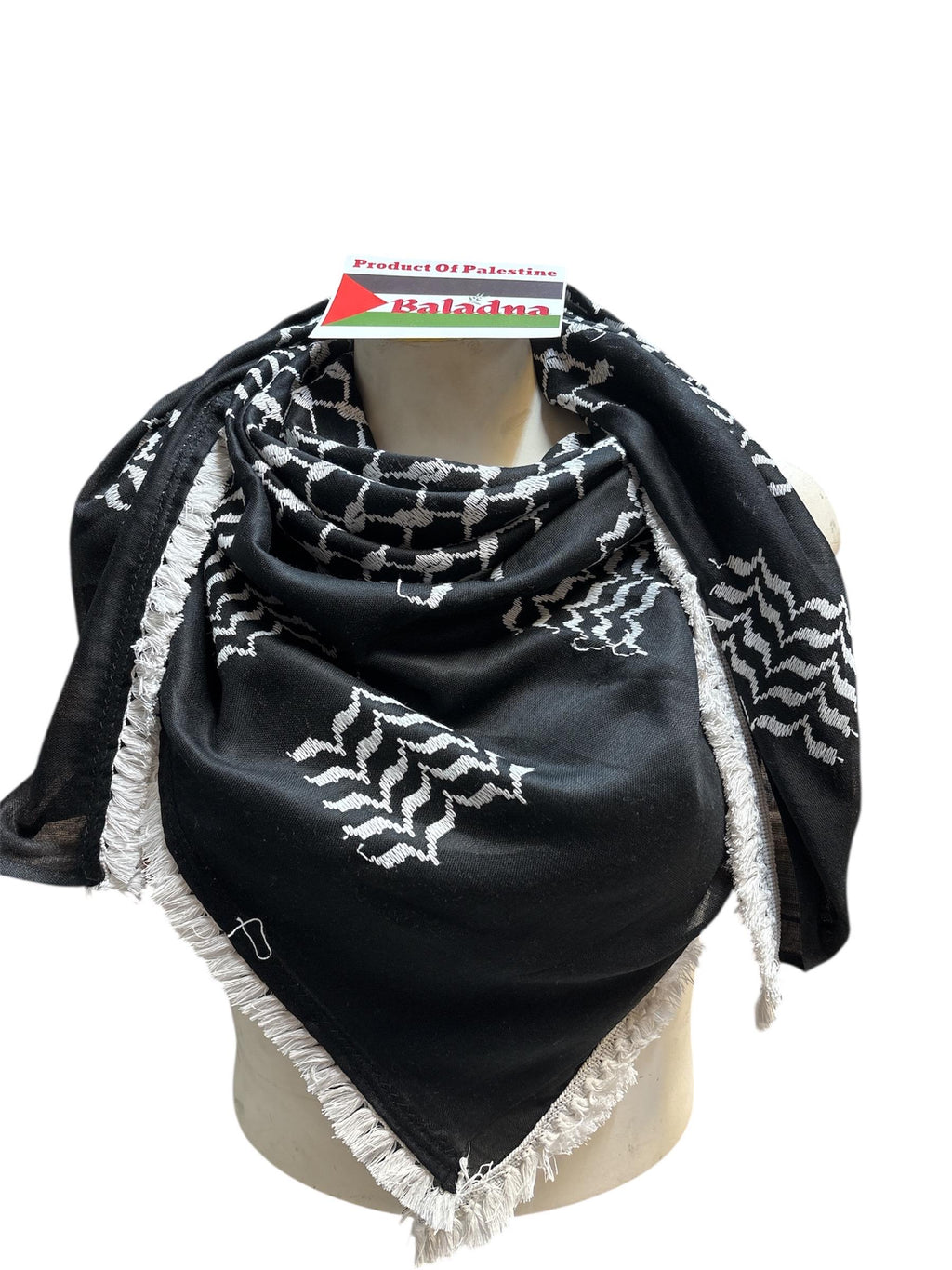 Palestine Made. Authentic Hebron Keffiyeh, Inverted Black & White,48"x48”