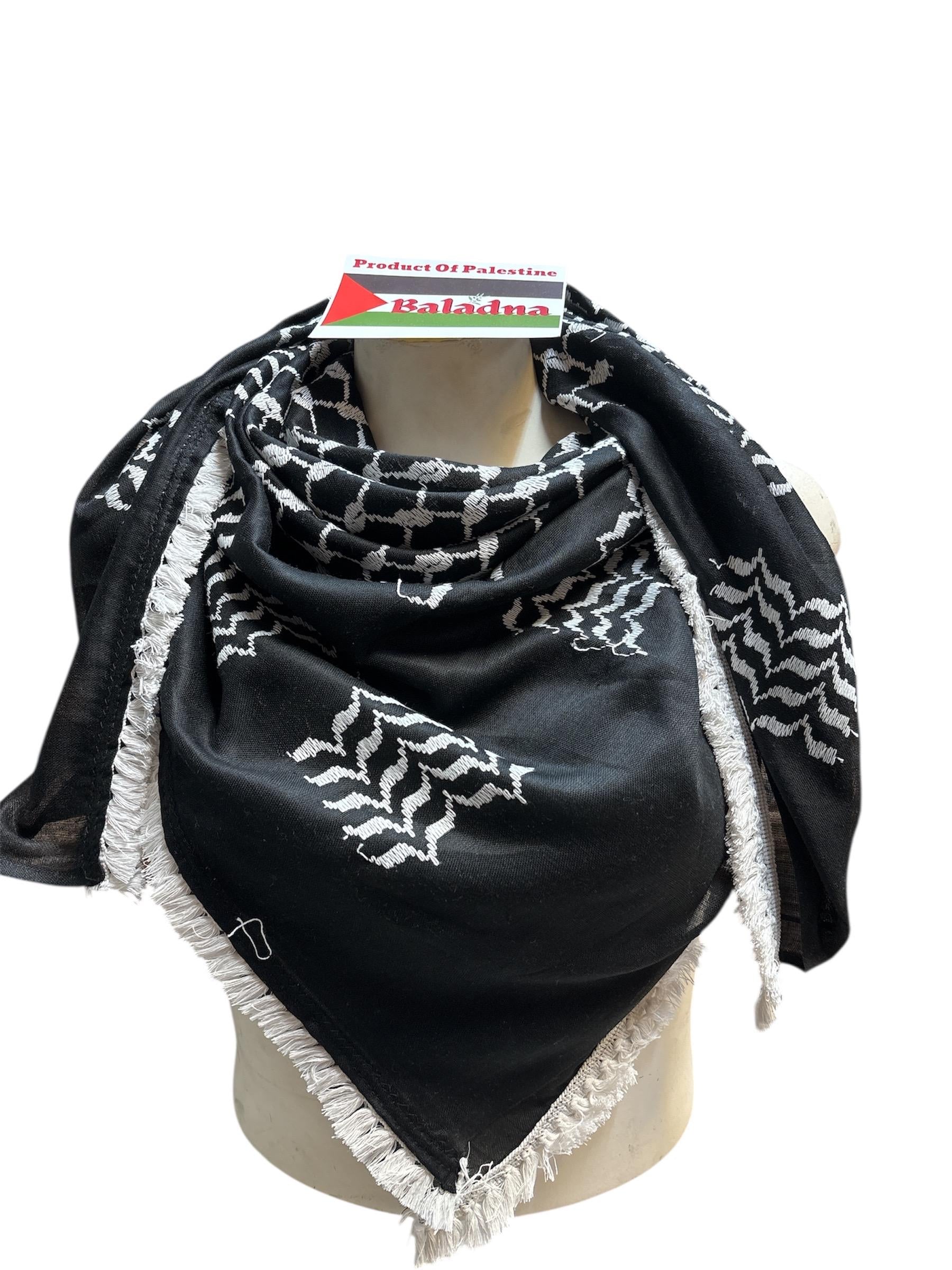 Palestine Made. Authentic Hebron Keffiyeh, Inverted Black & White,48"x48”