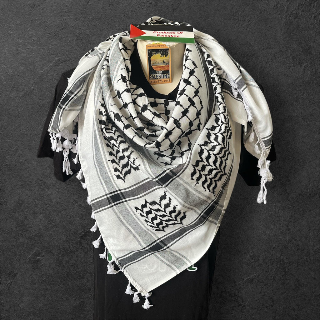 Palestine Made Authentic keffiyeh Scarf: original black on white with regular Tessels