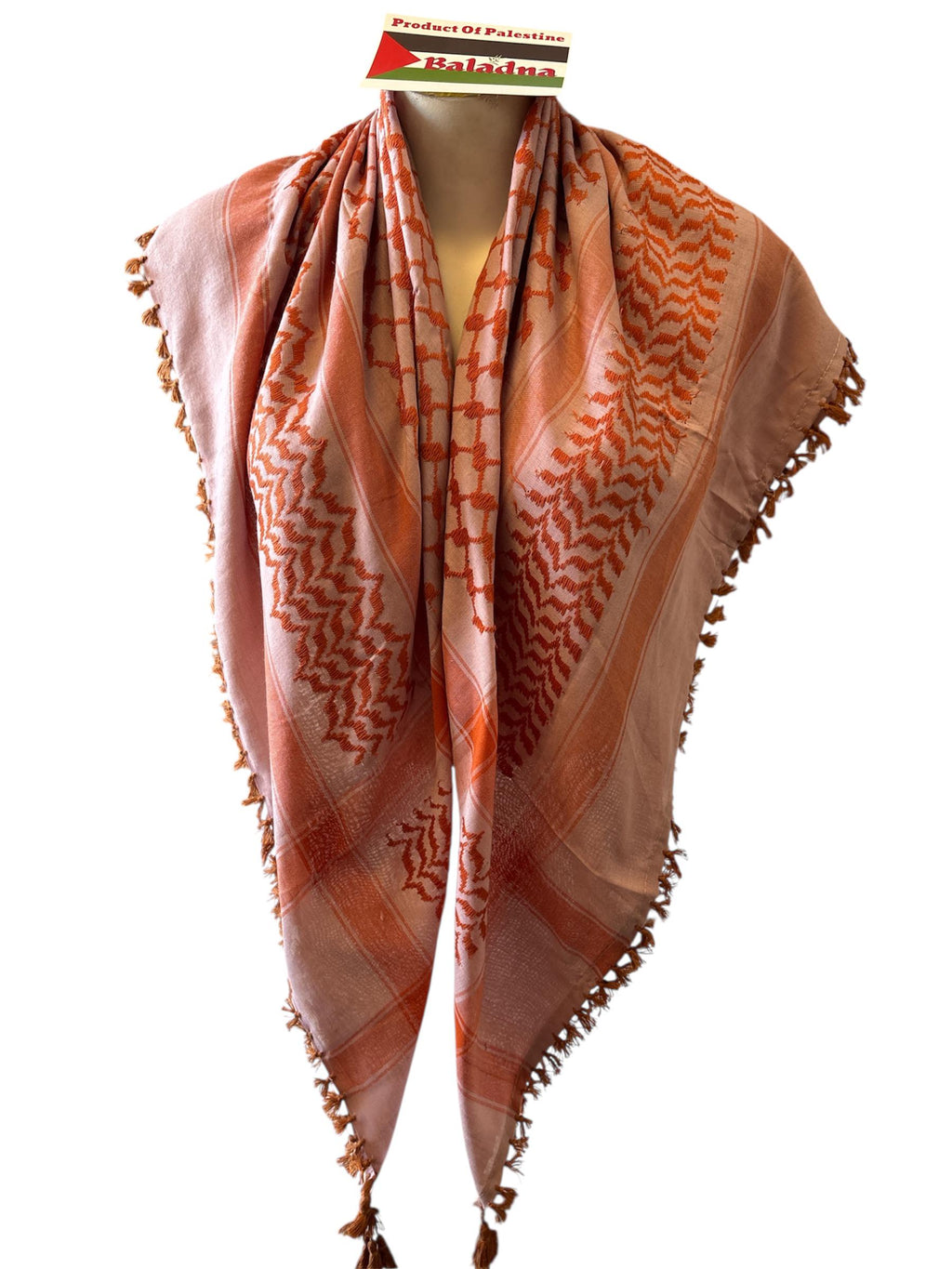 Woven Kufiya Orange Peony Palestinian Scarf with 4 sides  Brown Tassels