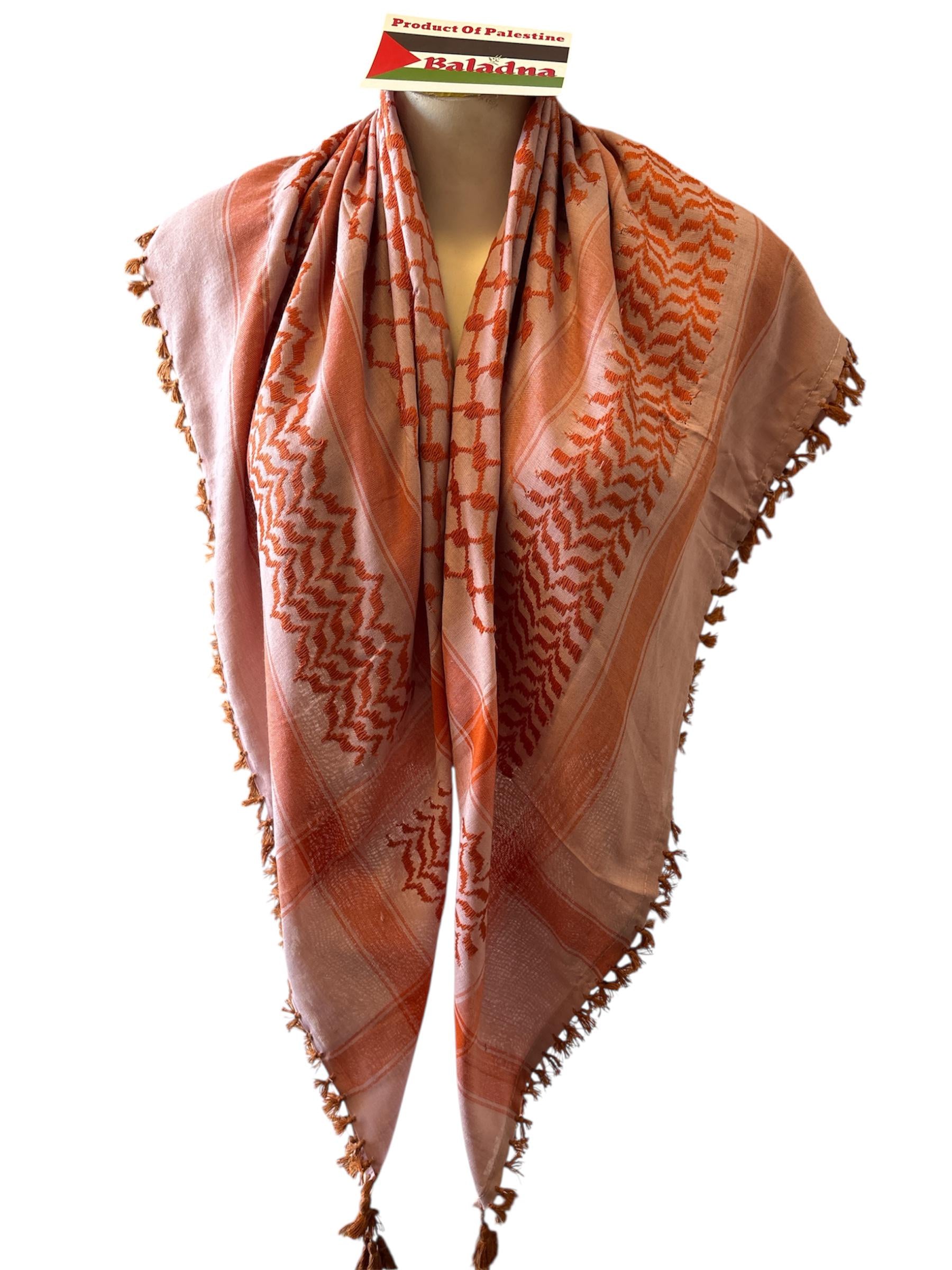 Woven Kufiya Orange Peony Palestinian Scarf with 4 sides  Brown Tassels