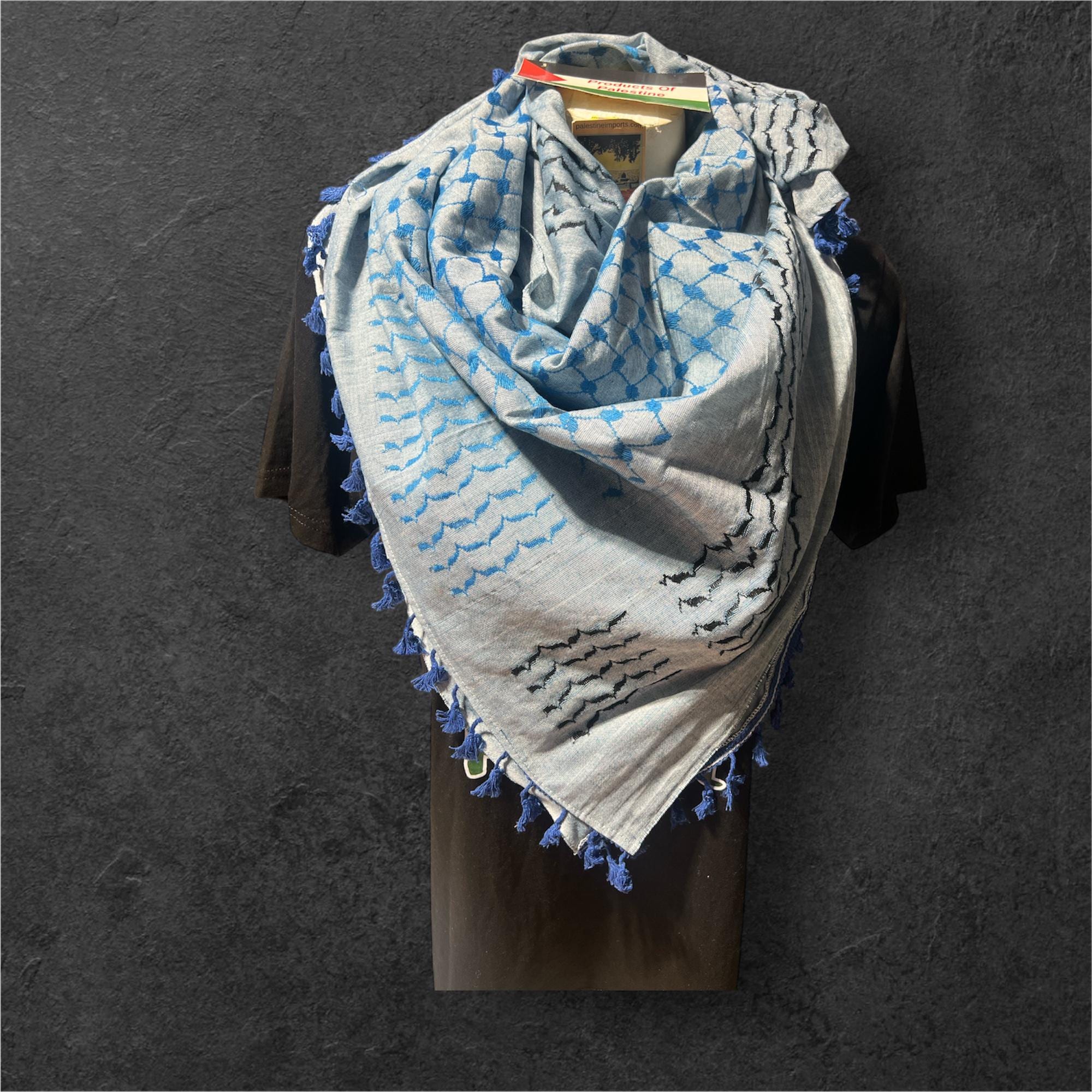 Palestine Made keffiyeh Authentic Scarf: sky blue on light blue with Royal blue  Tessels