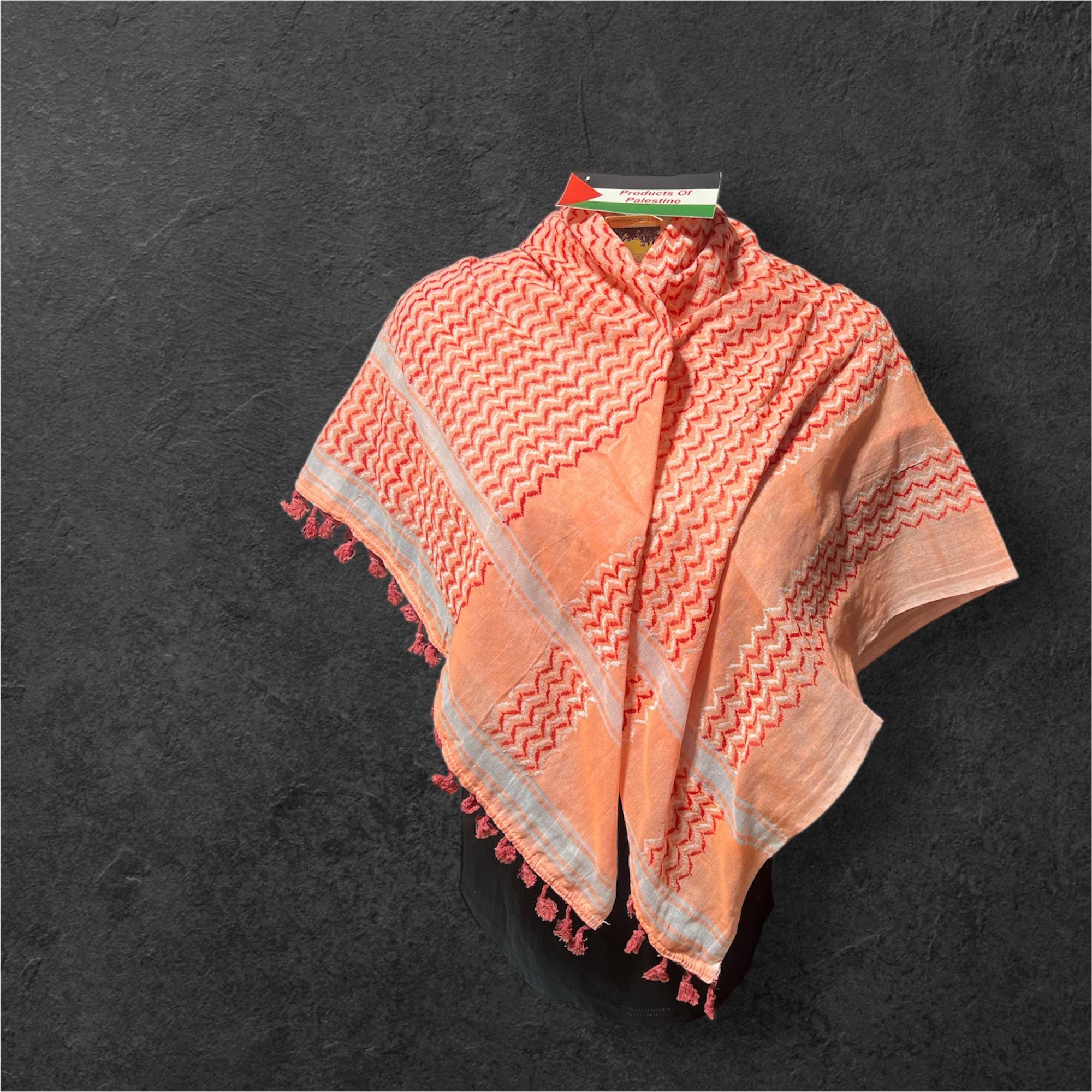 Palestine Made keffiyeh Authentic Scarf: multicolor on light orange with Tessels