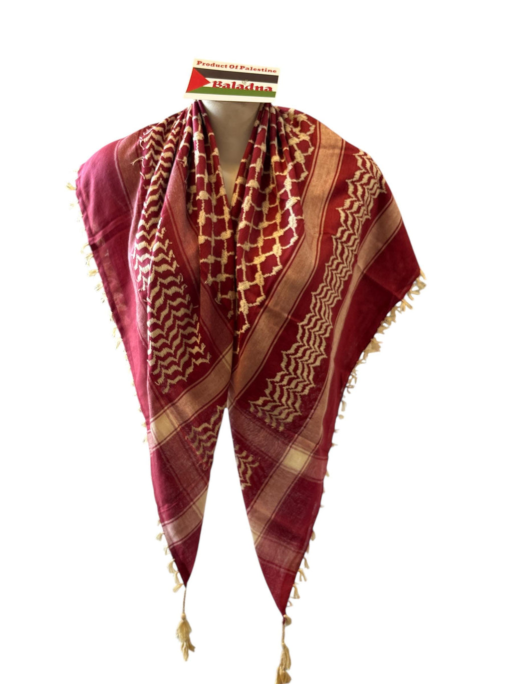 Woven Kuffiyeh tan on burgundy with 4sides tassels! standard size 48”x48”  show your support for Palestine!