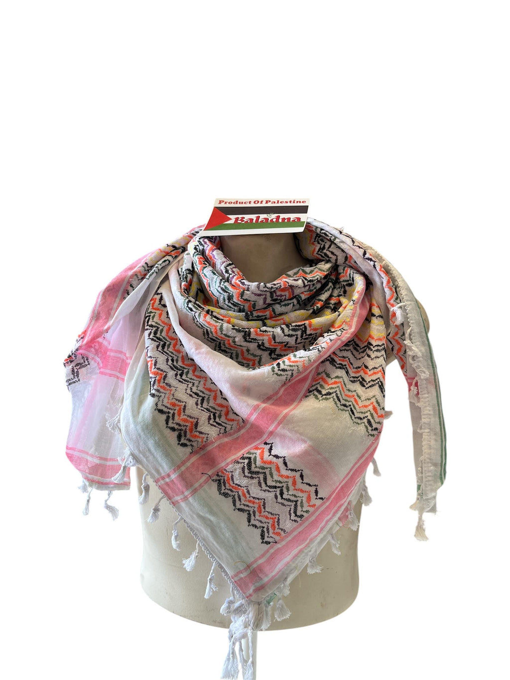 Palestine Made keffiyeh Scarf: Authentic Woven multicolor on white with tassels