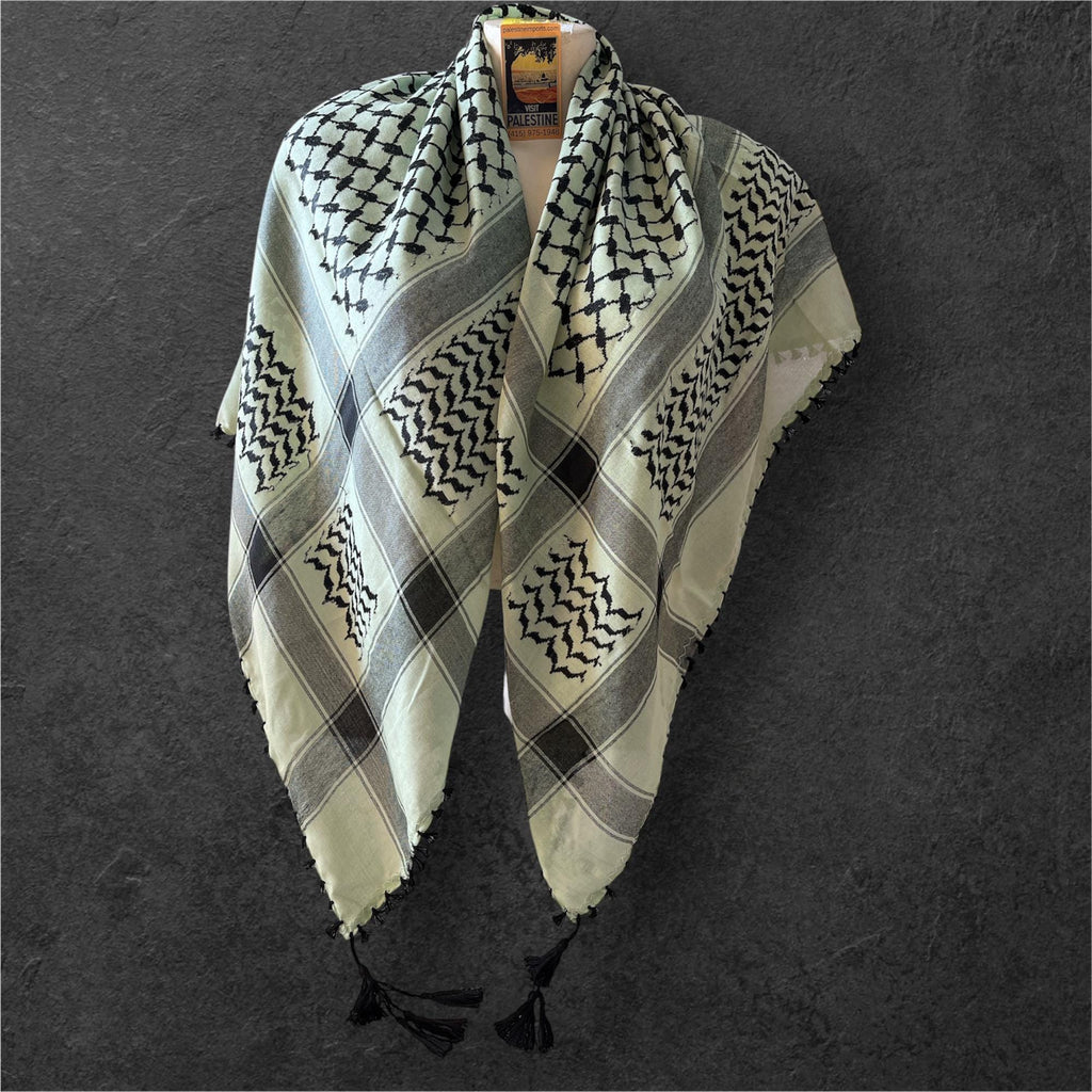 keffiyeh Black on pastel green woven with Tassels - 48"x48"
