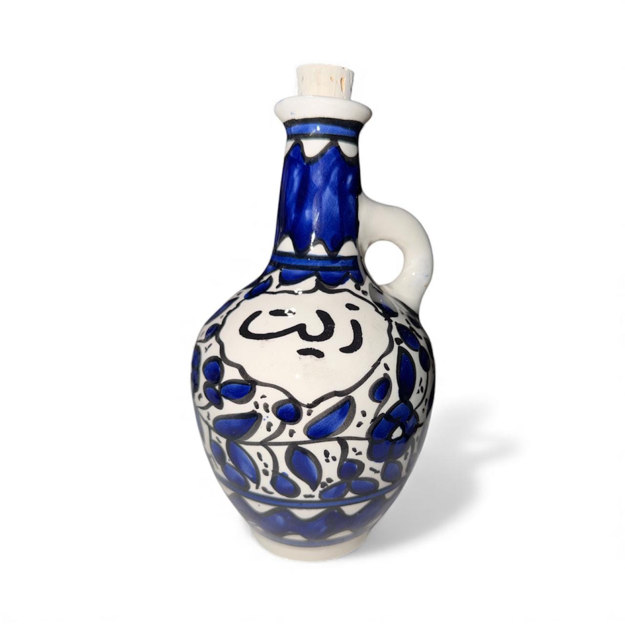 Handmade ceramic Blue floral design ‘zeit’dispenser  tall approximately (9”) made in Palestine
