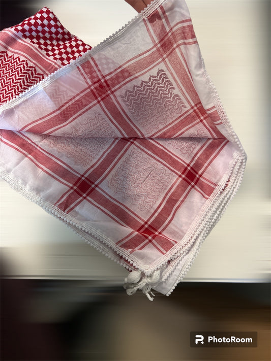 Authentic high quality Keffiyeh Scarf, Made in Jordan (48"x48") red on white