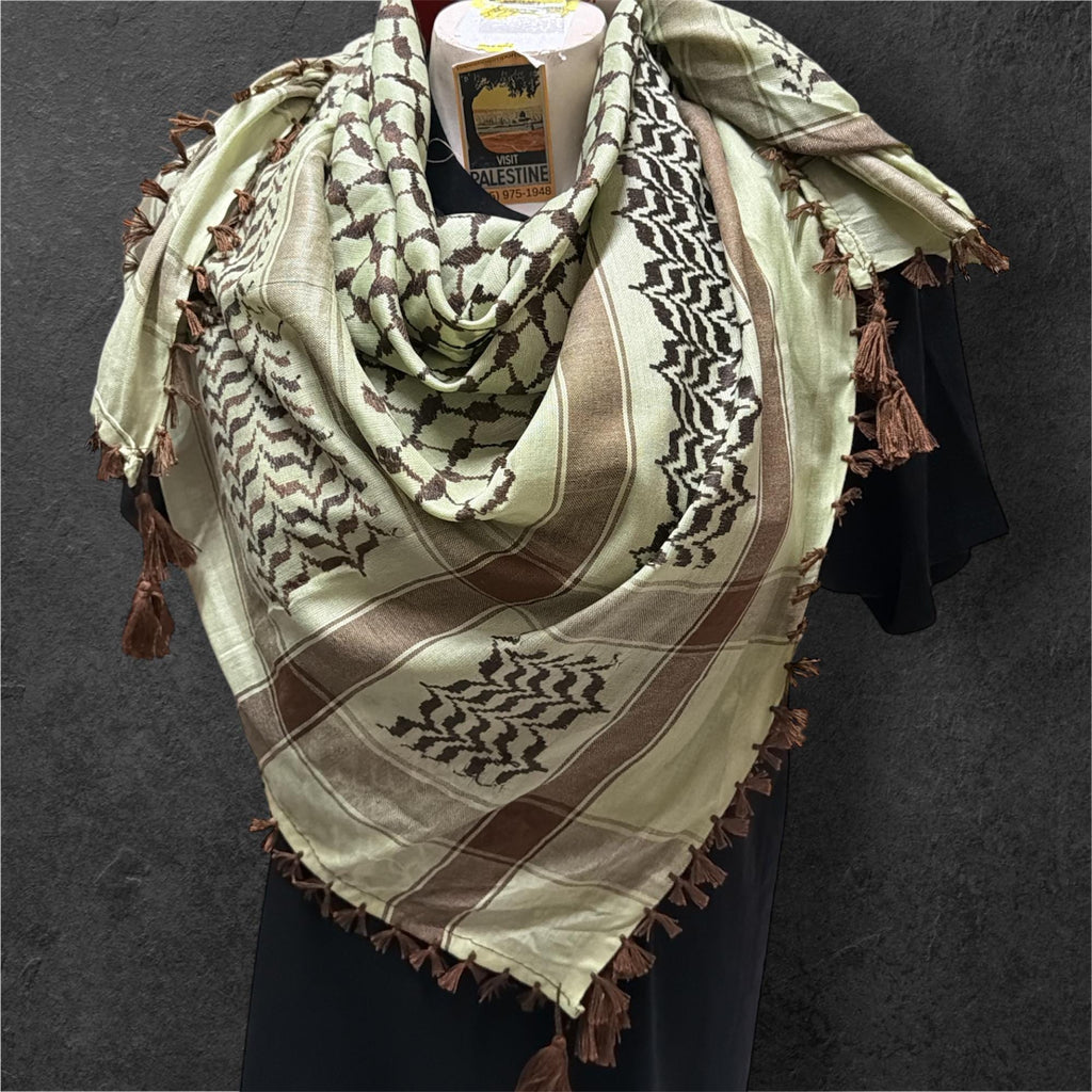 Woven keffiyeh Brown on pastel green Palestinian Scarf with Tassels (48"x48")