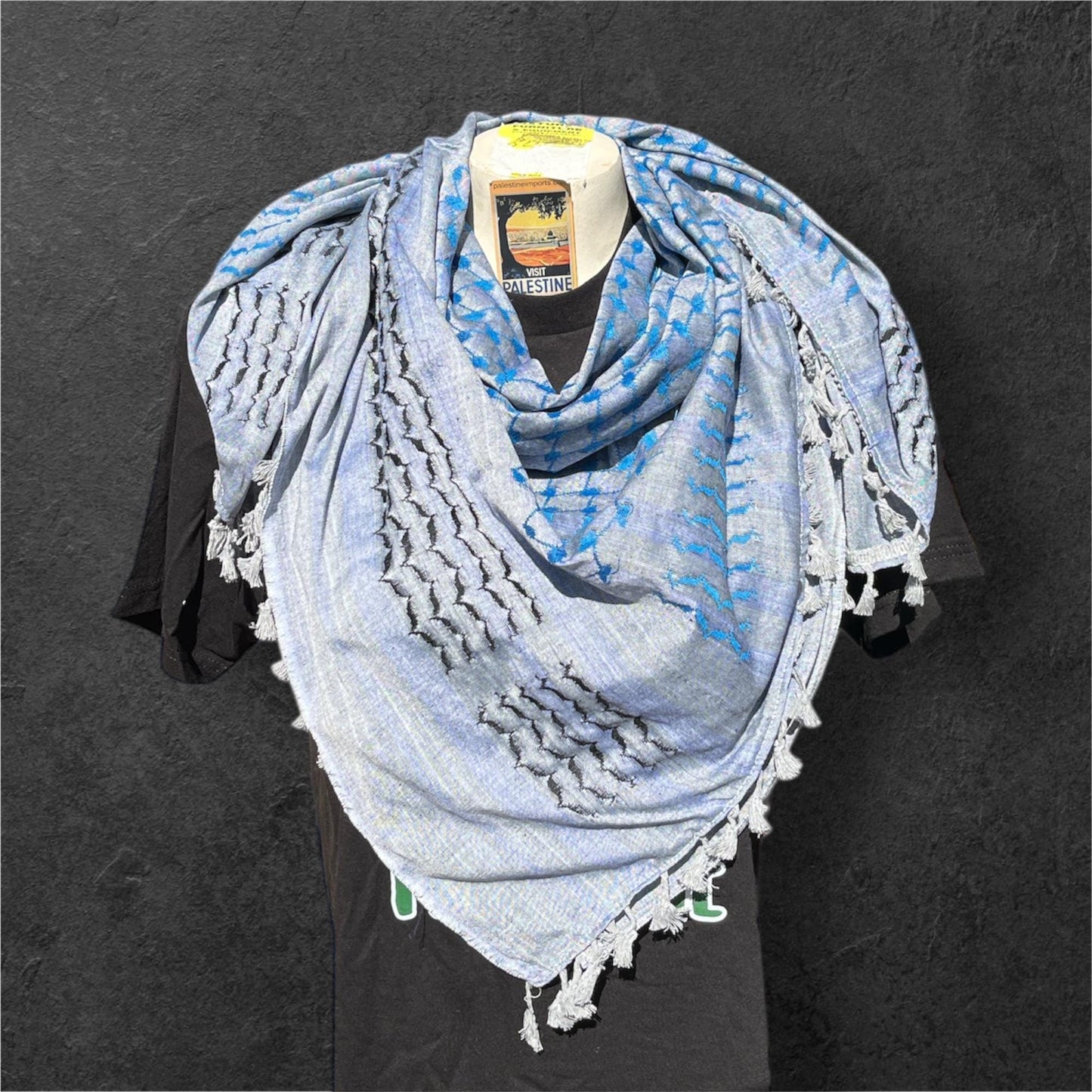 Authentic Palestine Made keffiyeh Scarf: blue on grey Woven Tessels