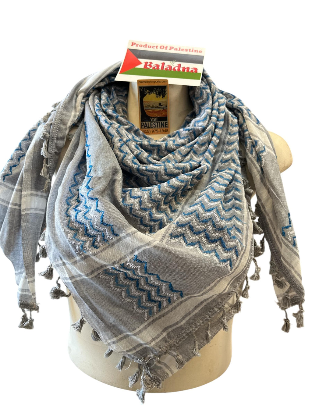 Palestine Made keffiyeh Scarf: Authentic Woven White, Blue/Gray