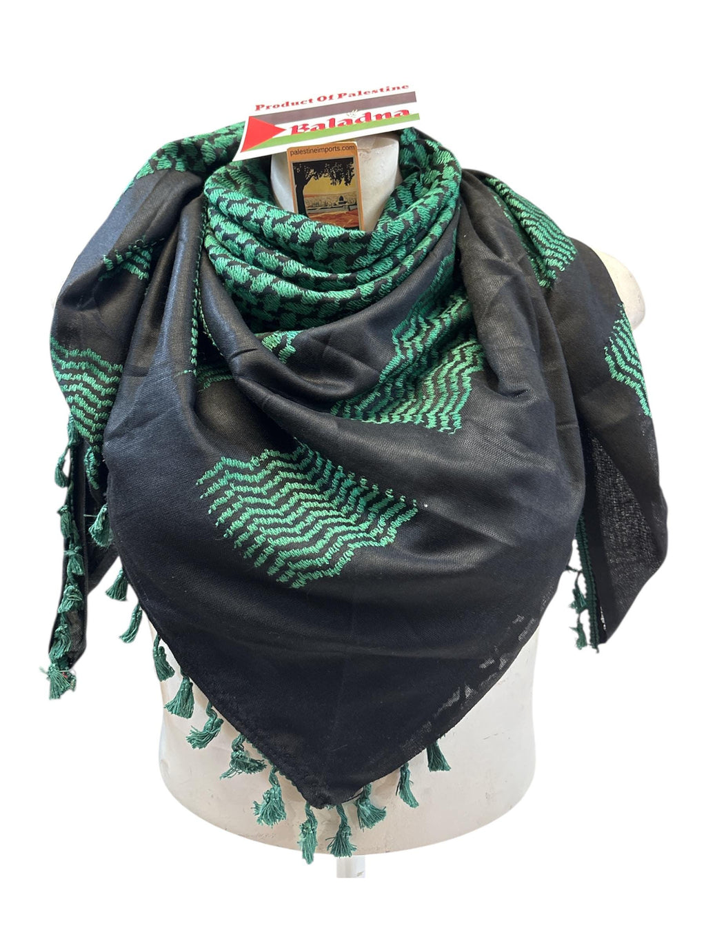 Palestine Made keffiyeh: Authentic Green on Black with tassels Woven Scarf 48”x48” Hebron, Palestine made