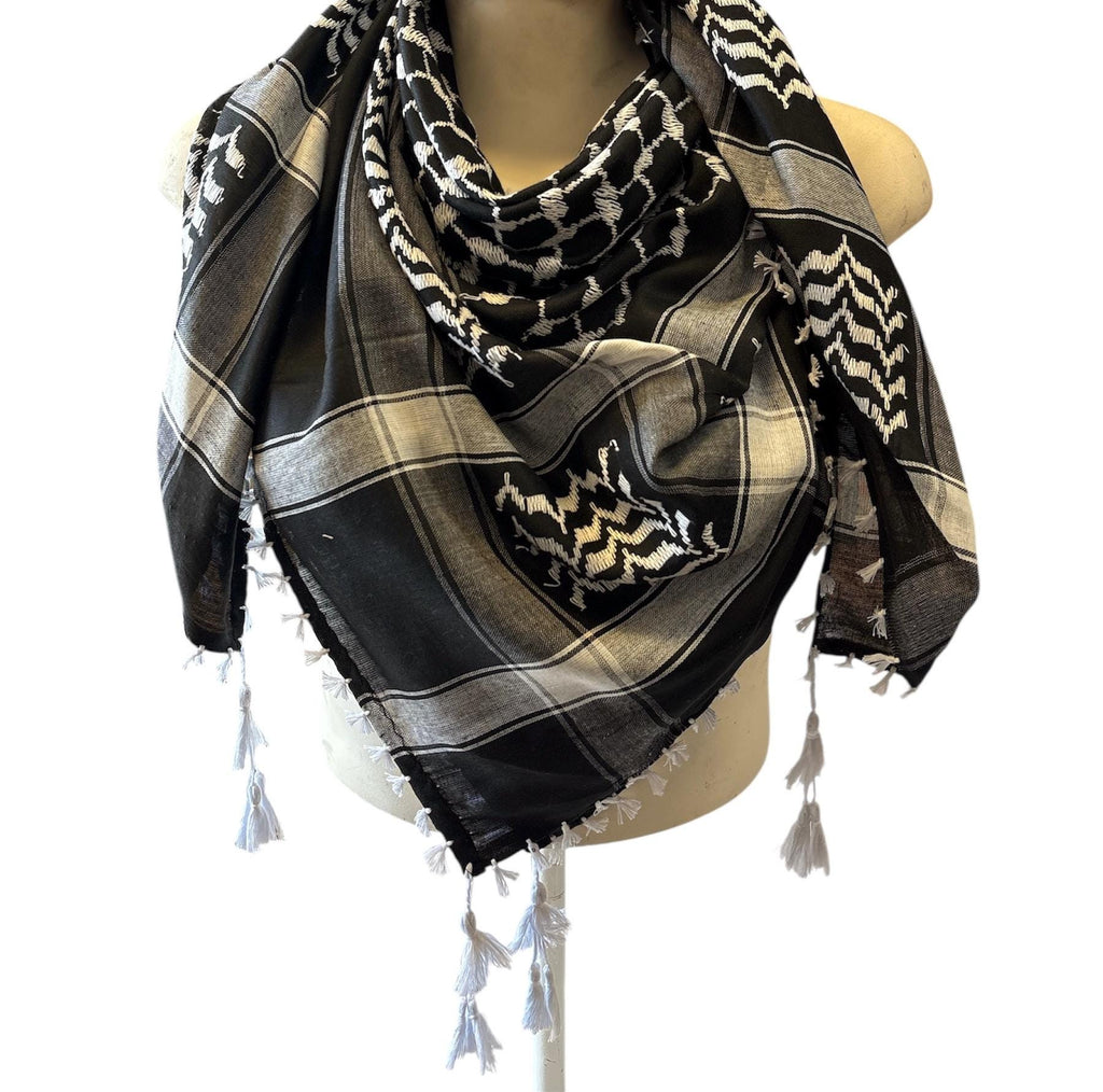 Woven Kufiya inverted white on black Palestinian Scarf with 4 sides white Tassels
