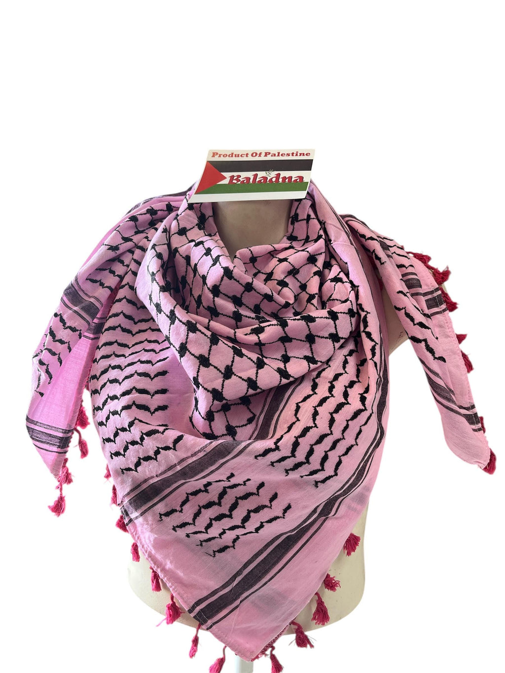 Palestine Made keffiyeh: Authentic Black on pink Woven Scarf, 48"x48"