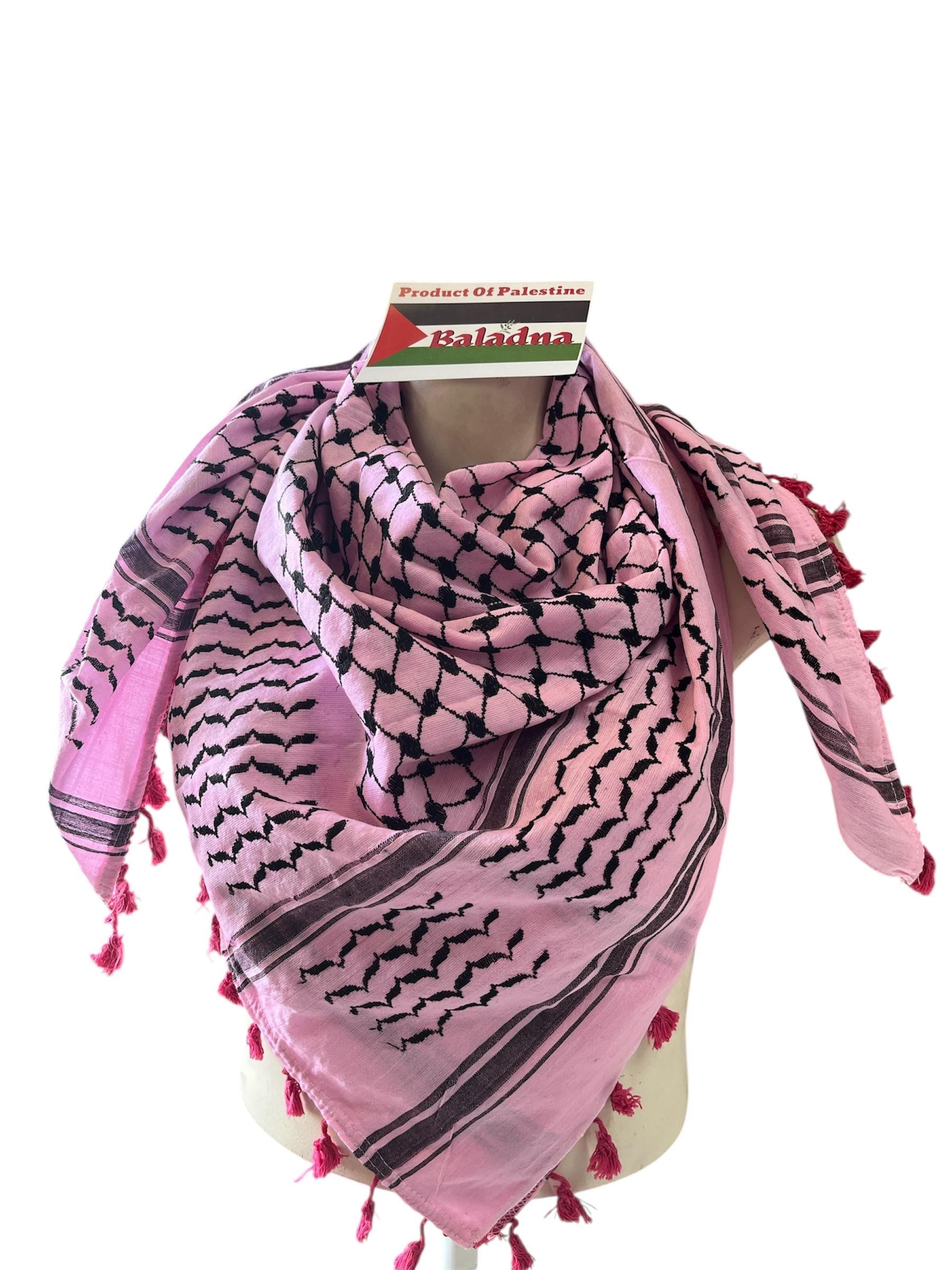 Palestine Made keffiyeh: Authentic Black on pink Woven Scarf, 48"x48"