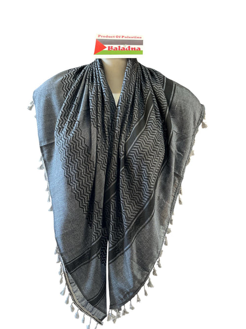 Authentic Palestine Made keffiyeh Scarf: Grey on Blk Woven Tessels