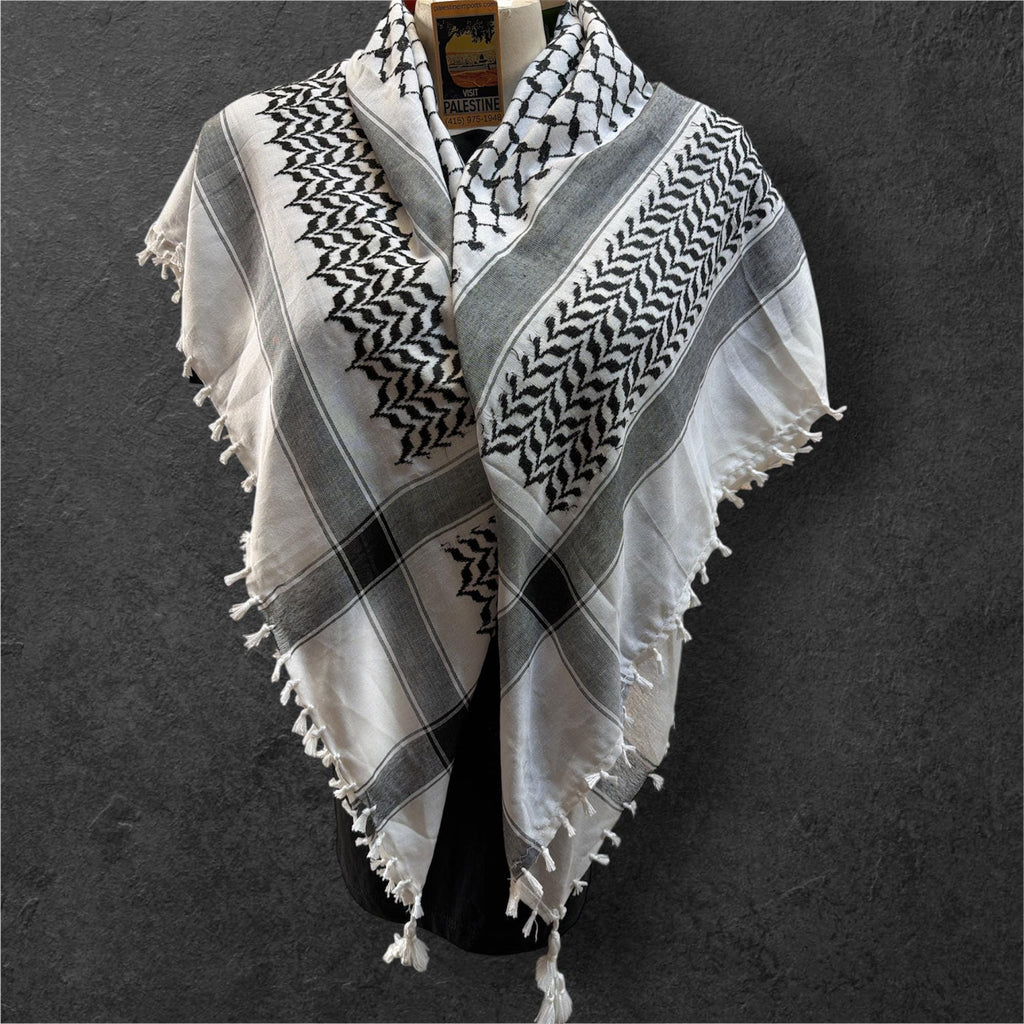 Traditional black on white Kufiya original authentic woven on a keffiyeh machine Palestinian Scarf with 4 side white Tassels premium quality