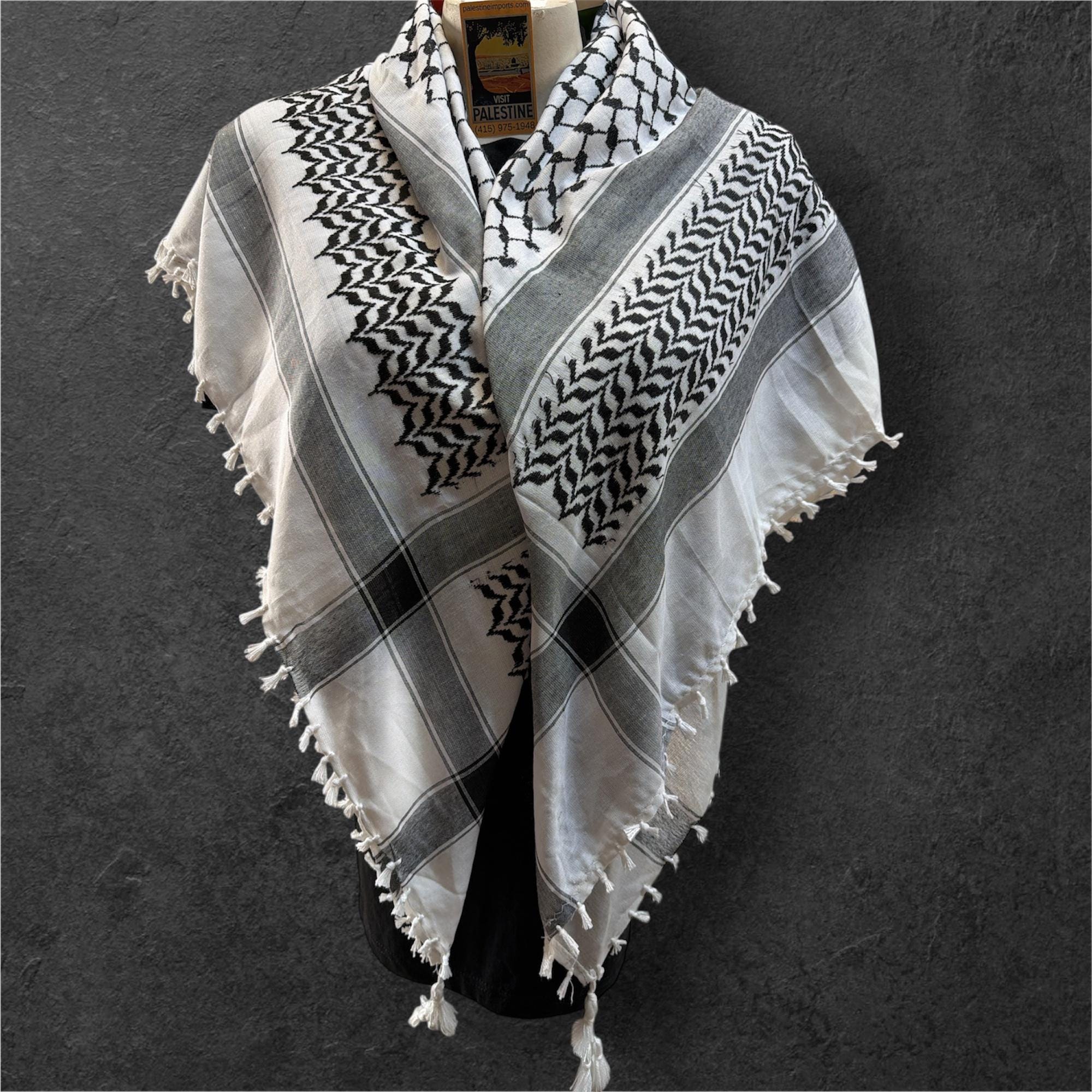 Traditional black on white Kufiya original authentic woven on a keffiyeh machine Palestinian Scarf with 4 side white Tassels premium quality