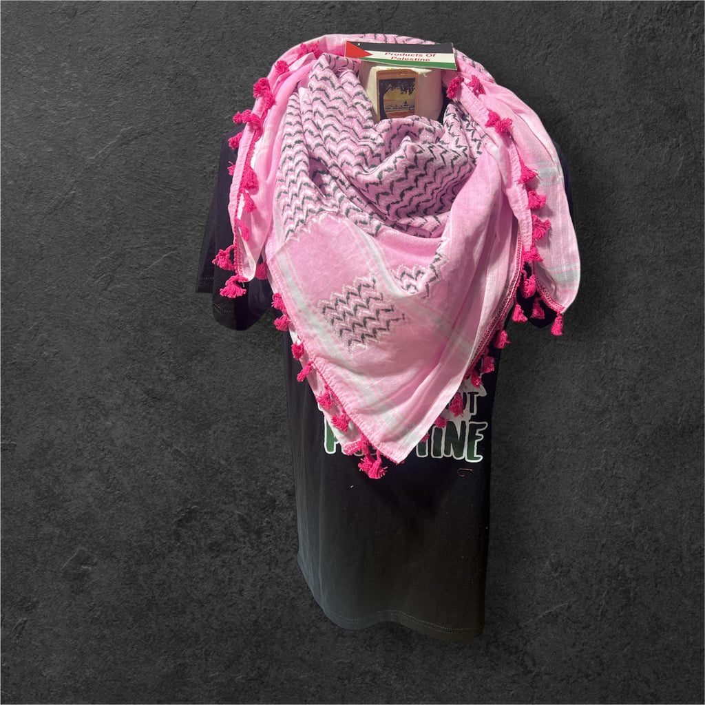 Palestine Made keffiyeh Authentic Scarf: multicolor on pink with dark pink Tessels
