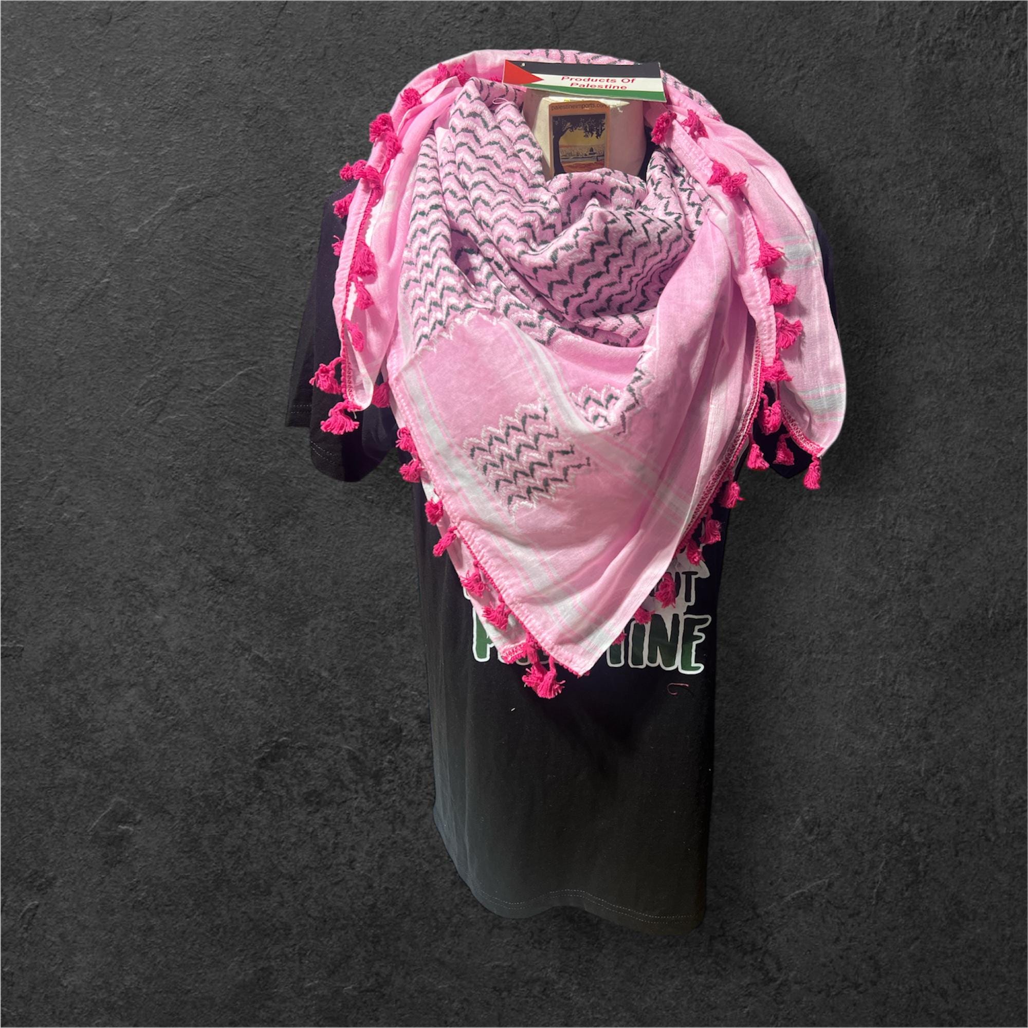 Palestine Made keffiyeh Authentic Scarf: multicolor on pink with dark pink Tessels