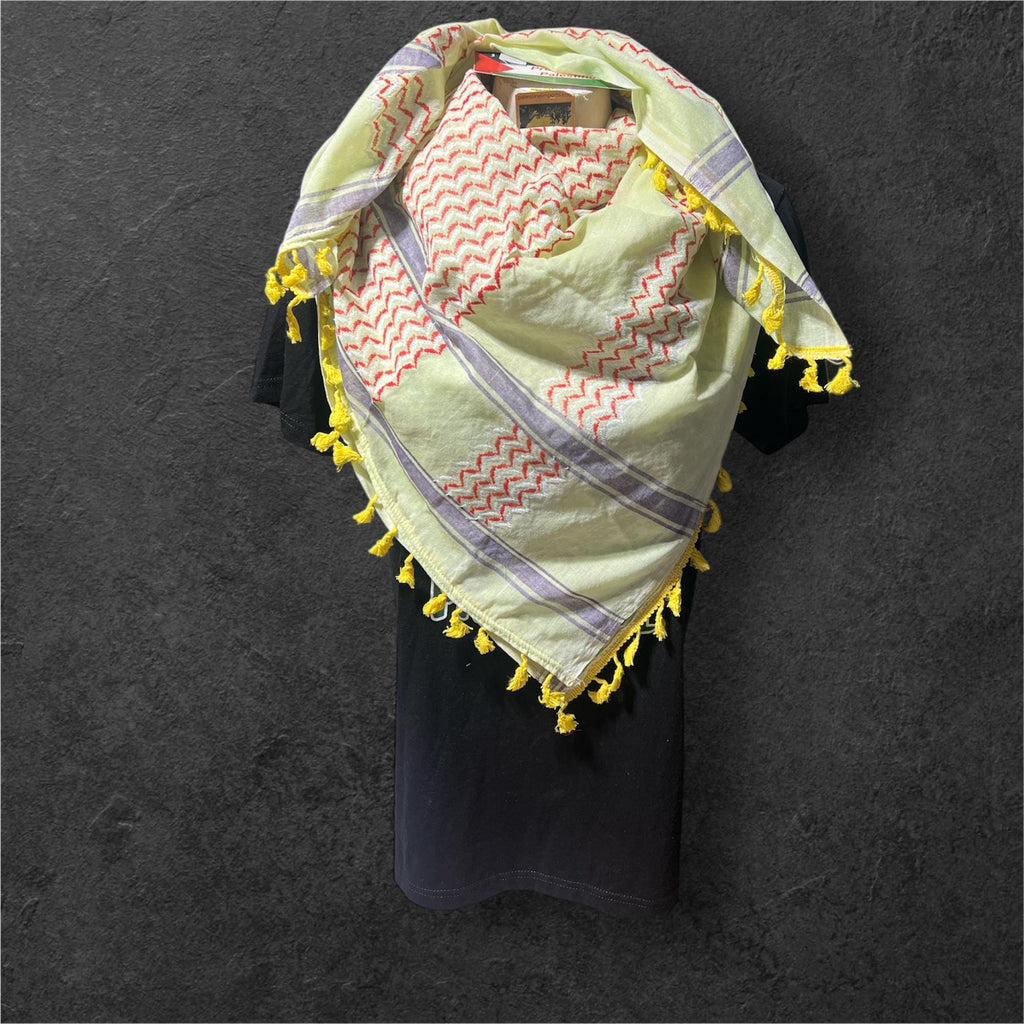 Palestine Made keffiyeh Authentic Scarf: white and red on light yellow with yellow Tessels