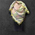 Palestine Made keffiyeh Authentic Scarf: white and red on light yellow with yellow Tessels