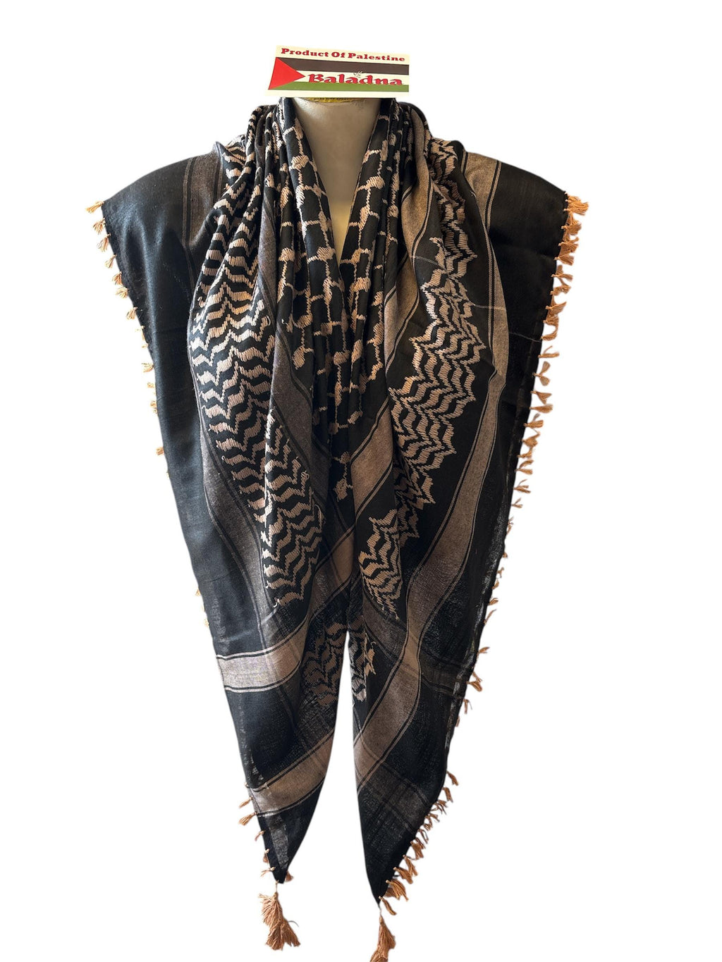 Woven Kufiya Light Brown on Black with 4 sides Tassels - 48"x48"