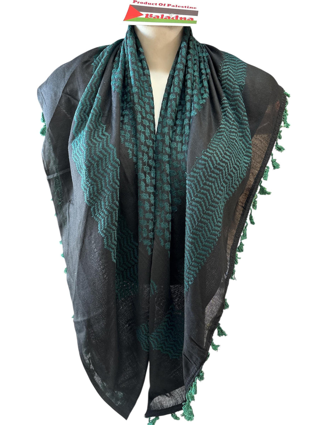 Palestine Made keffiyeh Scarf: Authentic Hebron Woven, sea green on black with Green Tassels