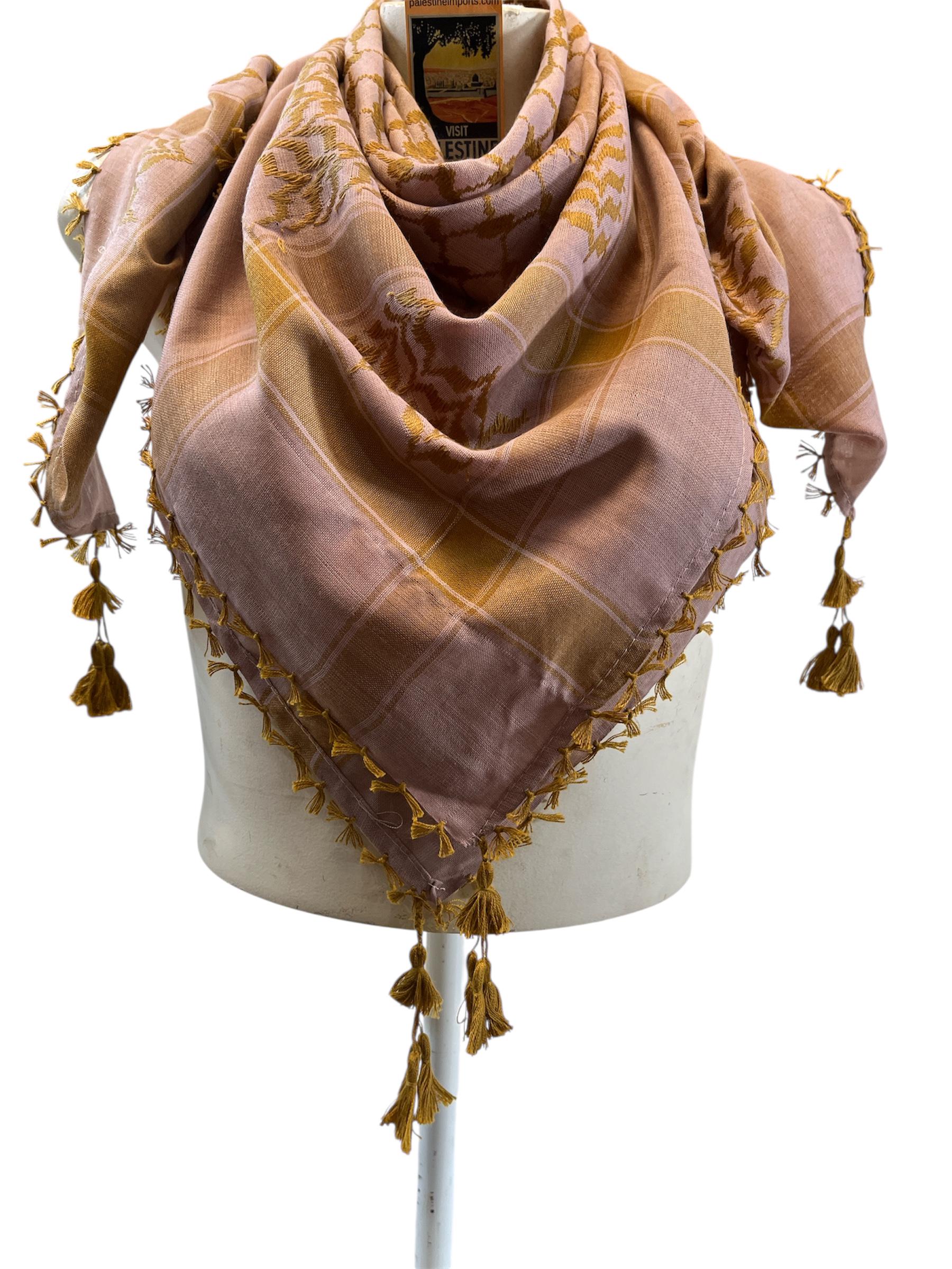 Woven keffiyeh Gold on Peony with Tassels - 48"x48"