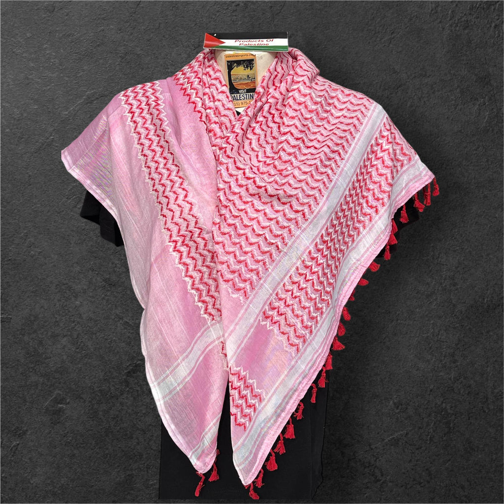 Authentic Palestine Made keffiyeh Scarf: multicolor on pink with red Woven Tessels