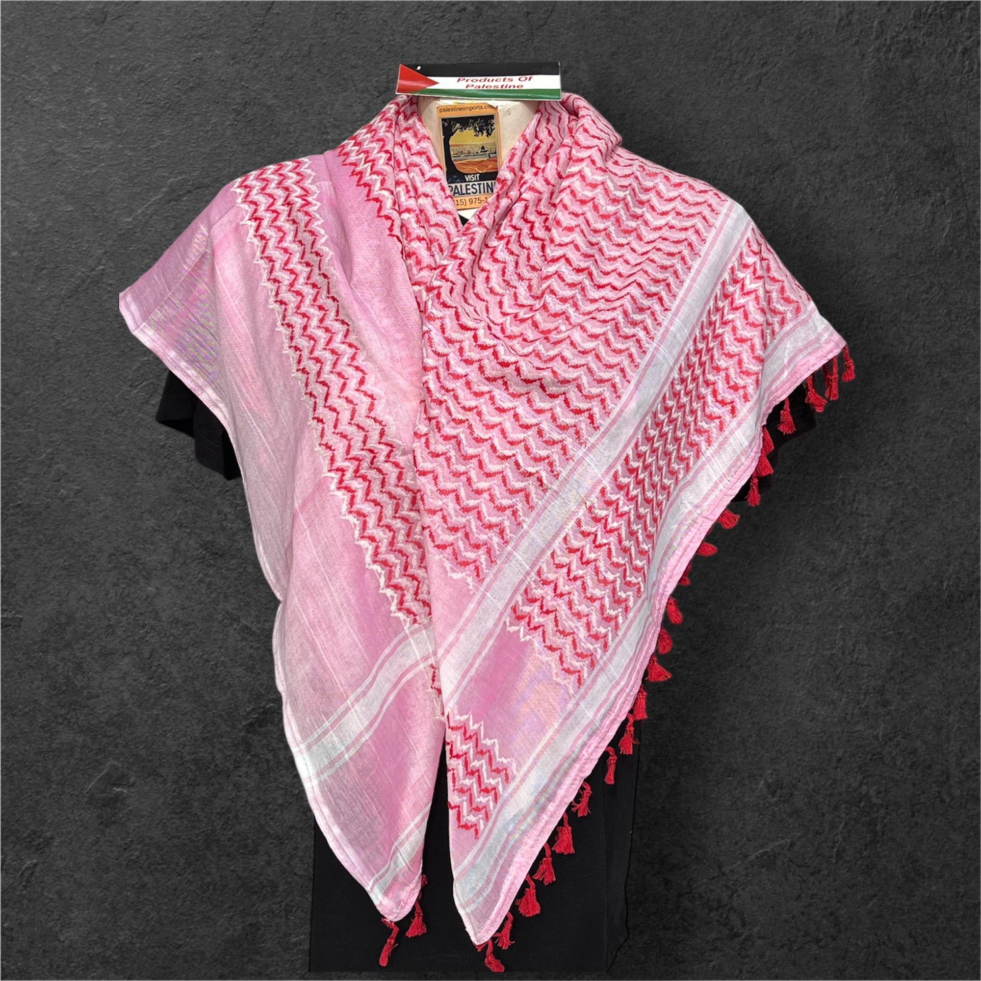 Authentic Palestine Made keffiyeh Scarf: multicolor on pink with red Woven Tessels