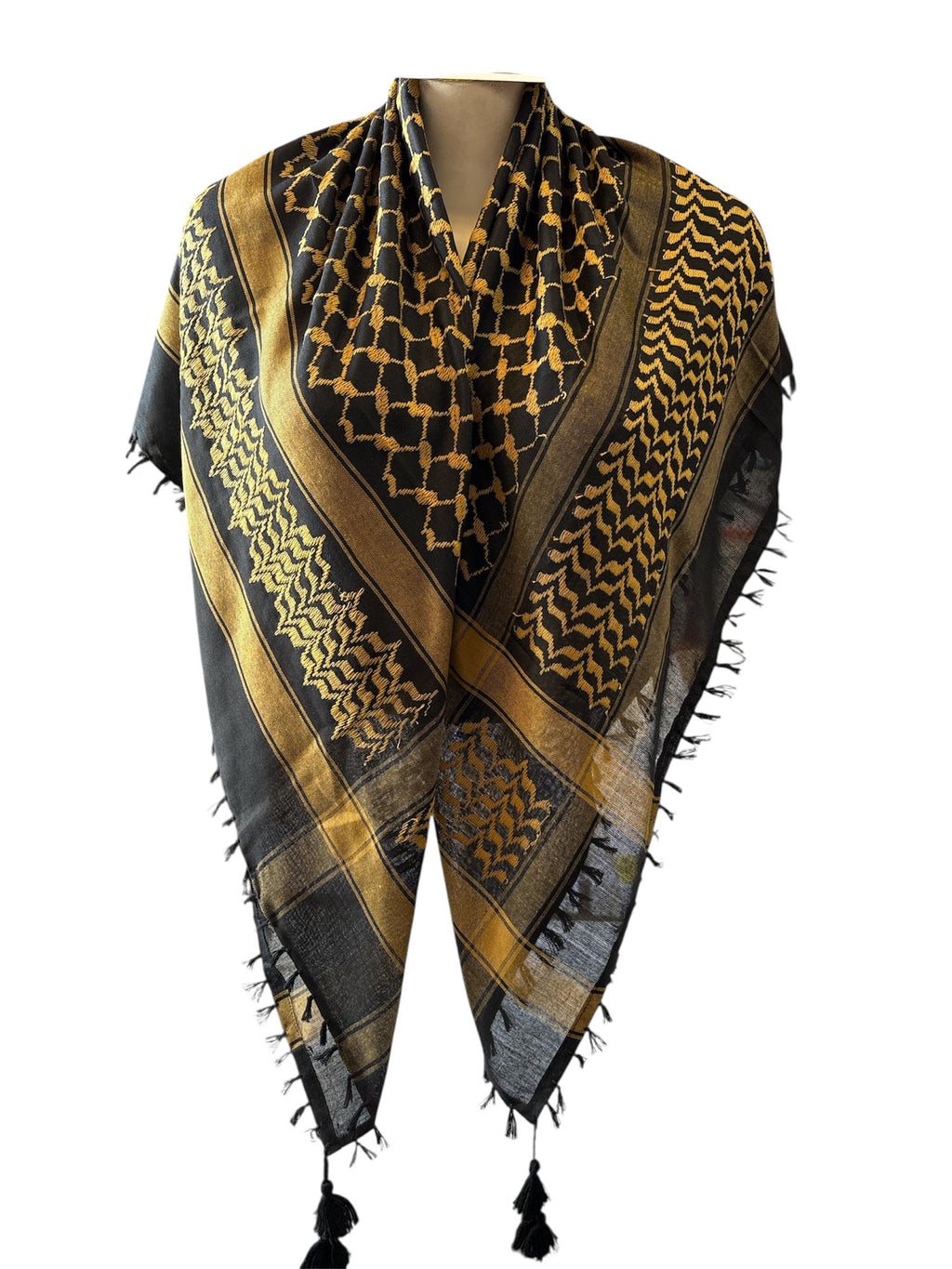 Woven keffiyeh Gold on Black with 4 sides Tassels - 48"x48"