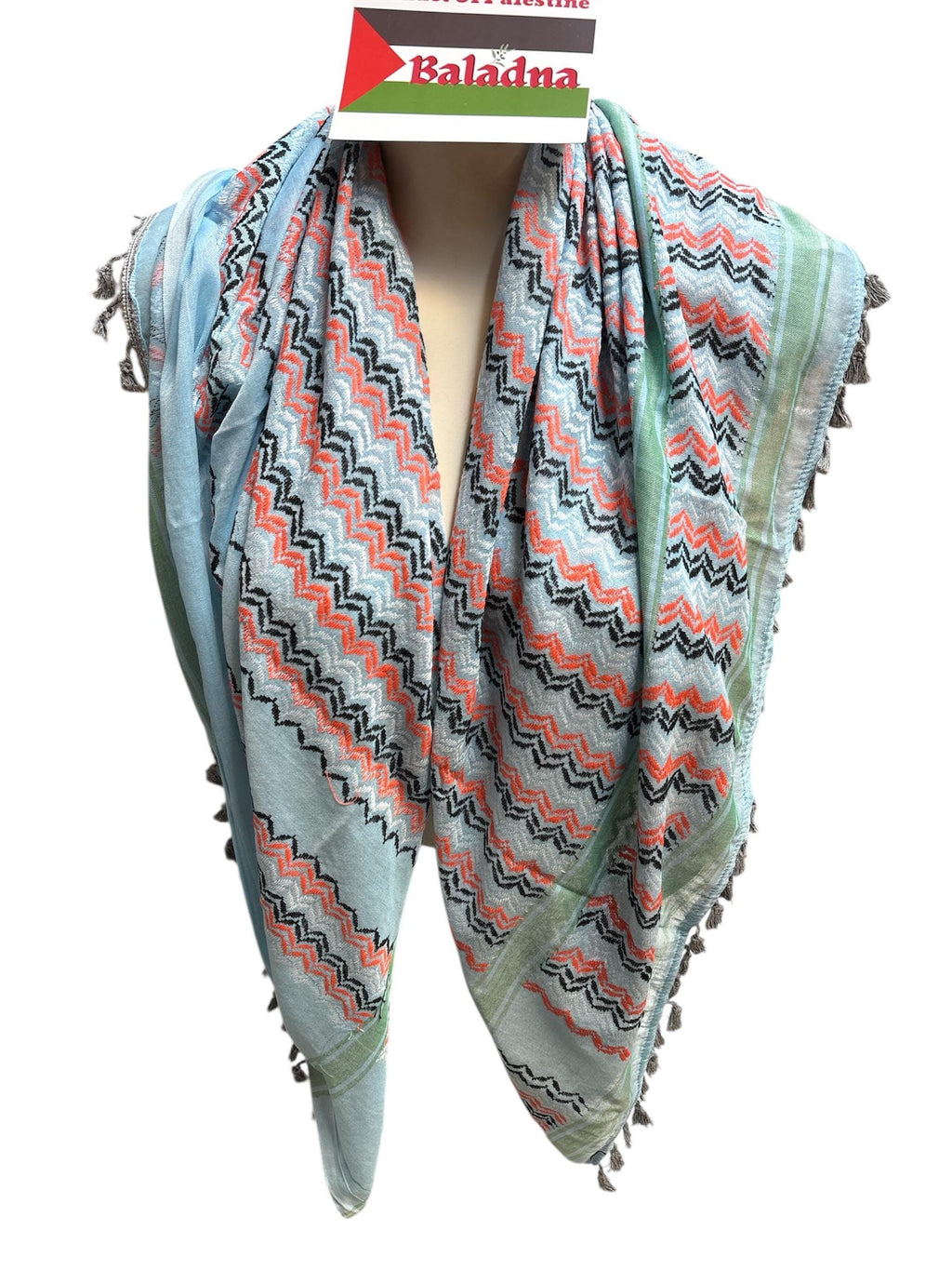 Authentic Palestine Made keffiyeh Scarf: multicolor on light blue