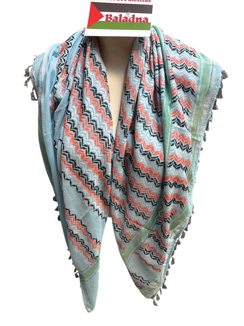 Authentic Palestine Made keffiyeh Scarf: multicolor on light blue