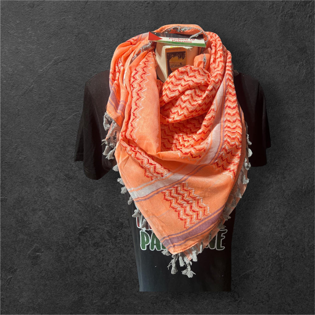 Palestine Made keffiyeh Authentic Scarf: multicolor on light orange with Tessels
