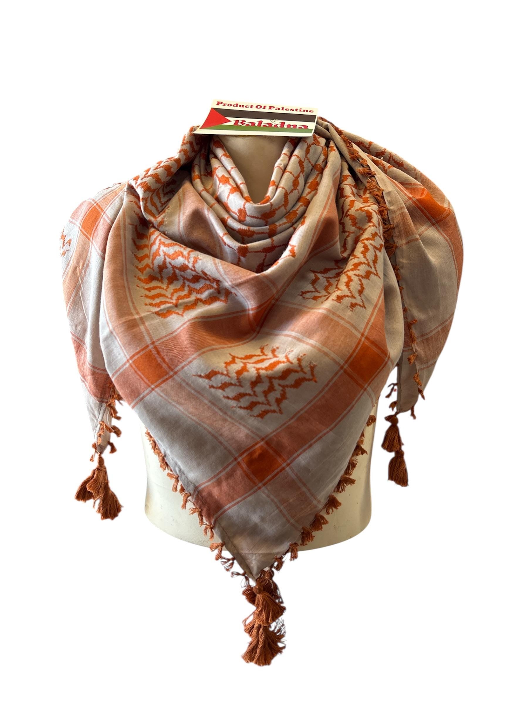 Woven Kufiya Orange & Light Grey Palestinian Scarf with Tassels
