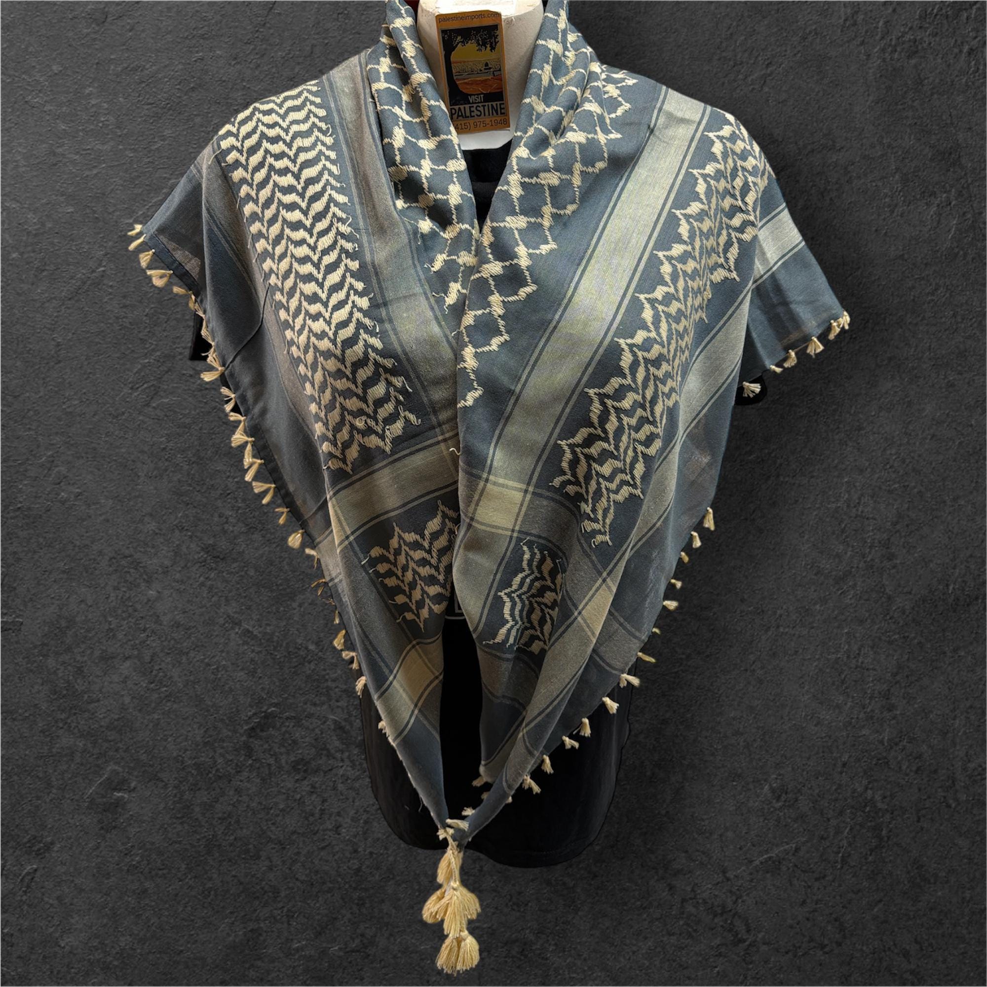 Woven Kufiya tan on grey with 4 sides Tan Tassels (48”x48”)