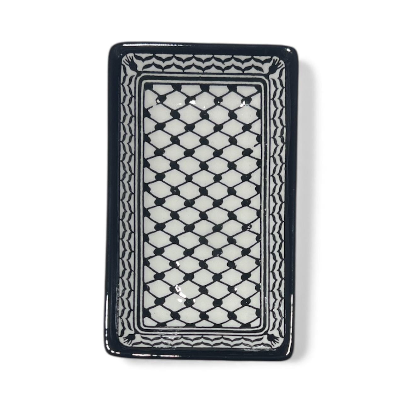 Handmade ceramic Kufiyeh design rectangular dish (6.5”)made in Hebron Palestine