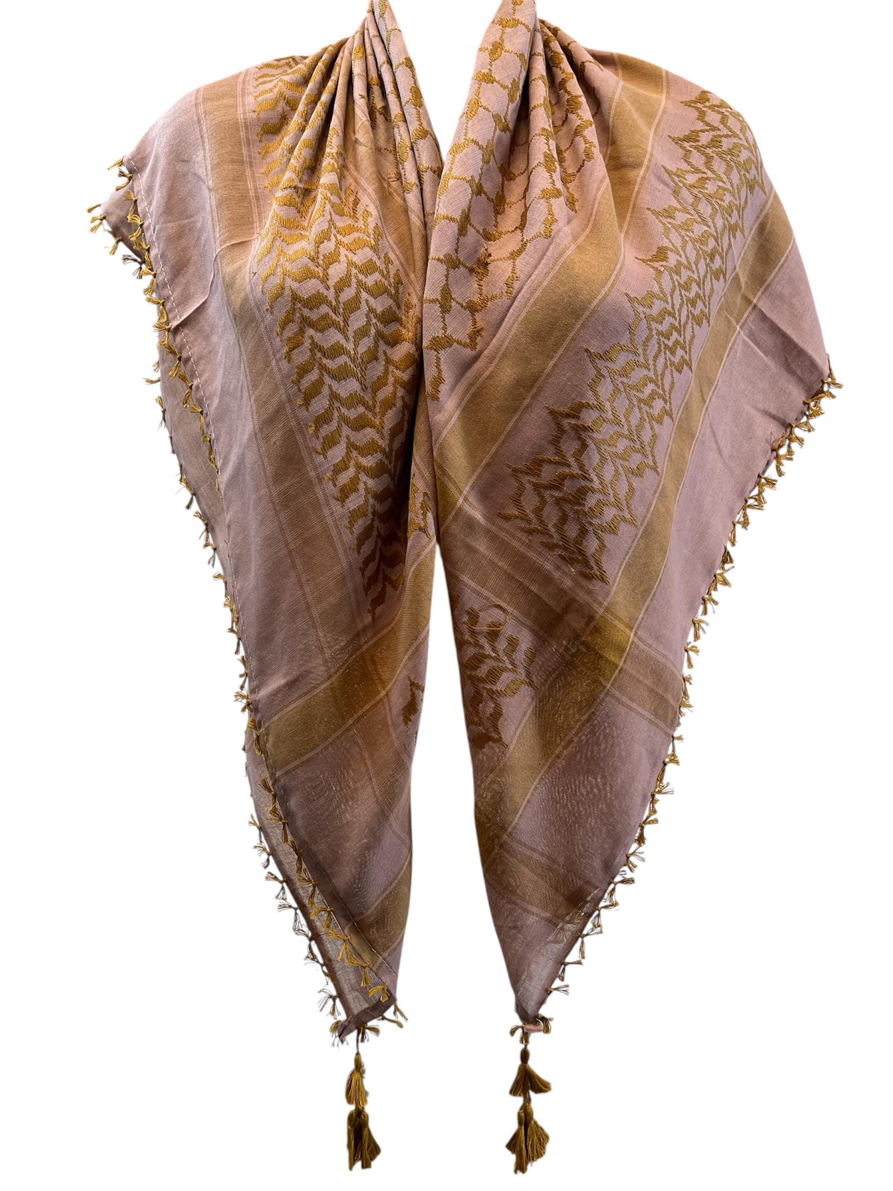 Woven keffiyeh Gold on Peony with Tassels - 48"x48"