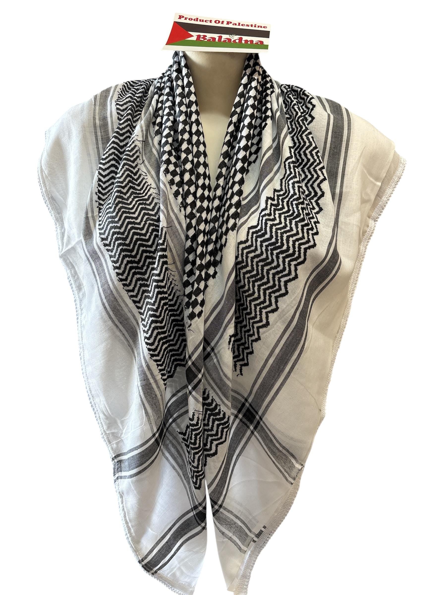 Palestine Made keffiyeh: Authentic Black on white Woven Scarf, 48"x48"