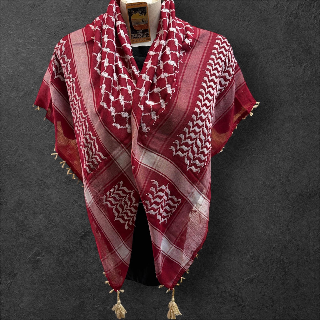 Woven keffiyeh white on burgundy with 4 sides tan Tassels - 48"x48"