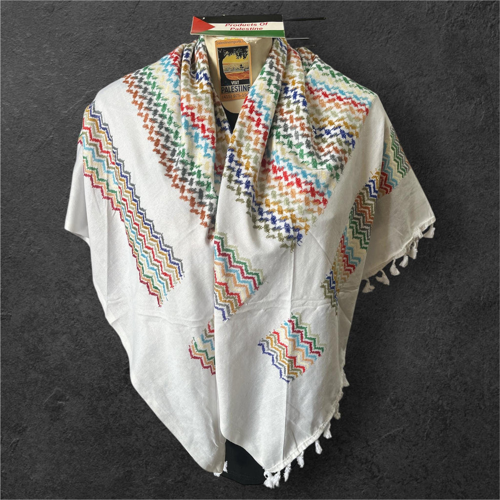 Palestine Made keffiyeh Authentic Scarf: rainbow on white with Tessels