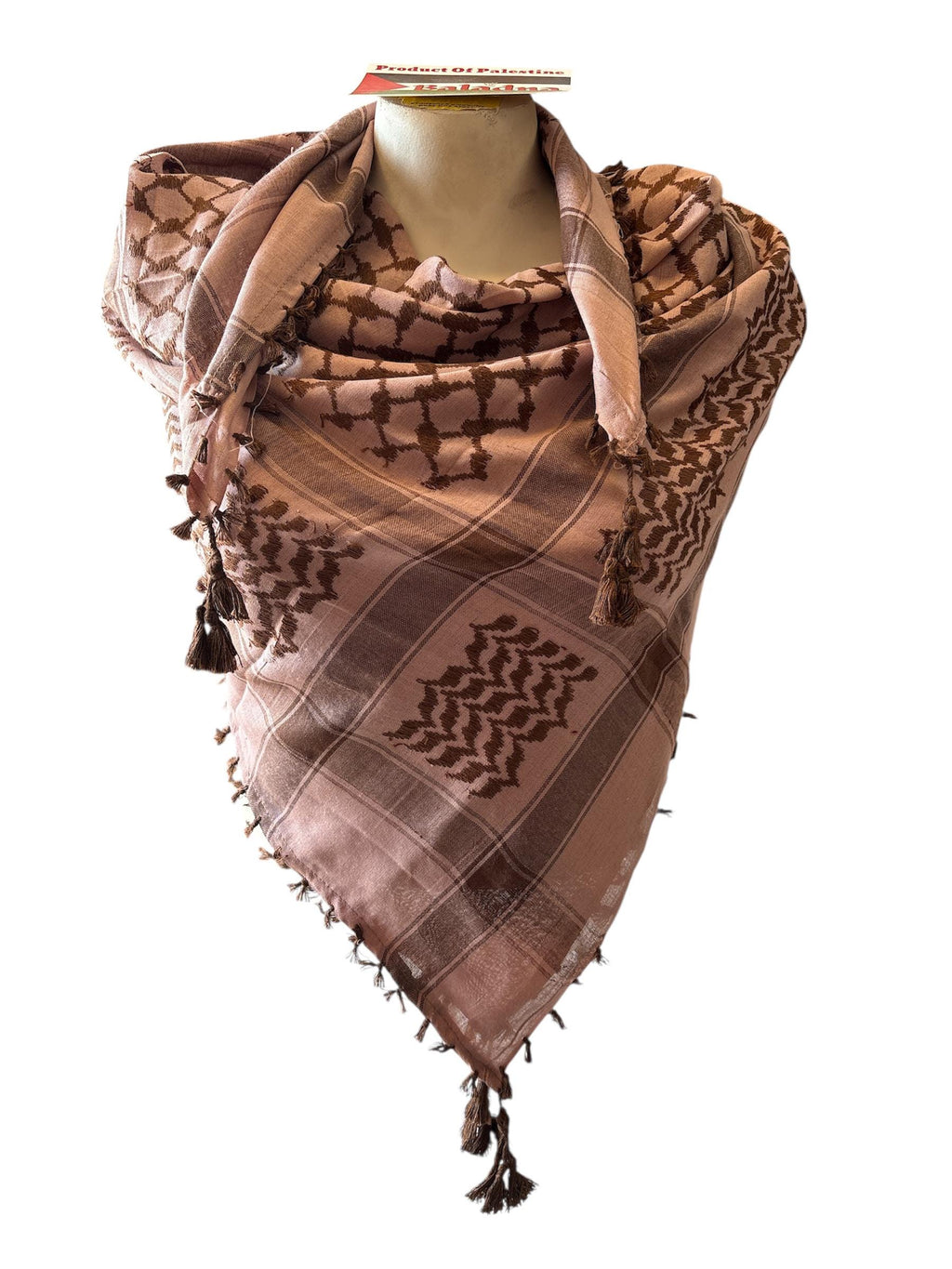 Woven Kufiya Palestinian Scarf brown on peony with 4 sides Tassels - 48"x48"