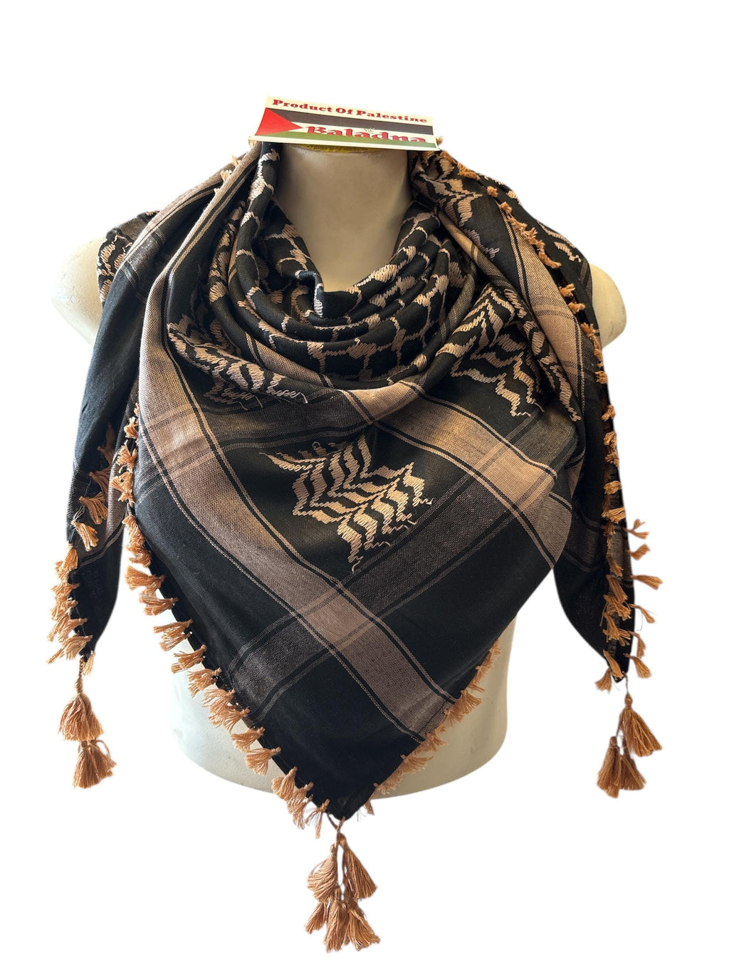 Woven Kufiya Light Brown on Black with 4 sides Tassels - 48"x48"