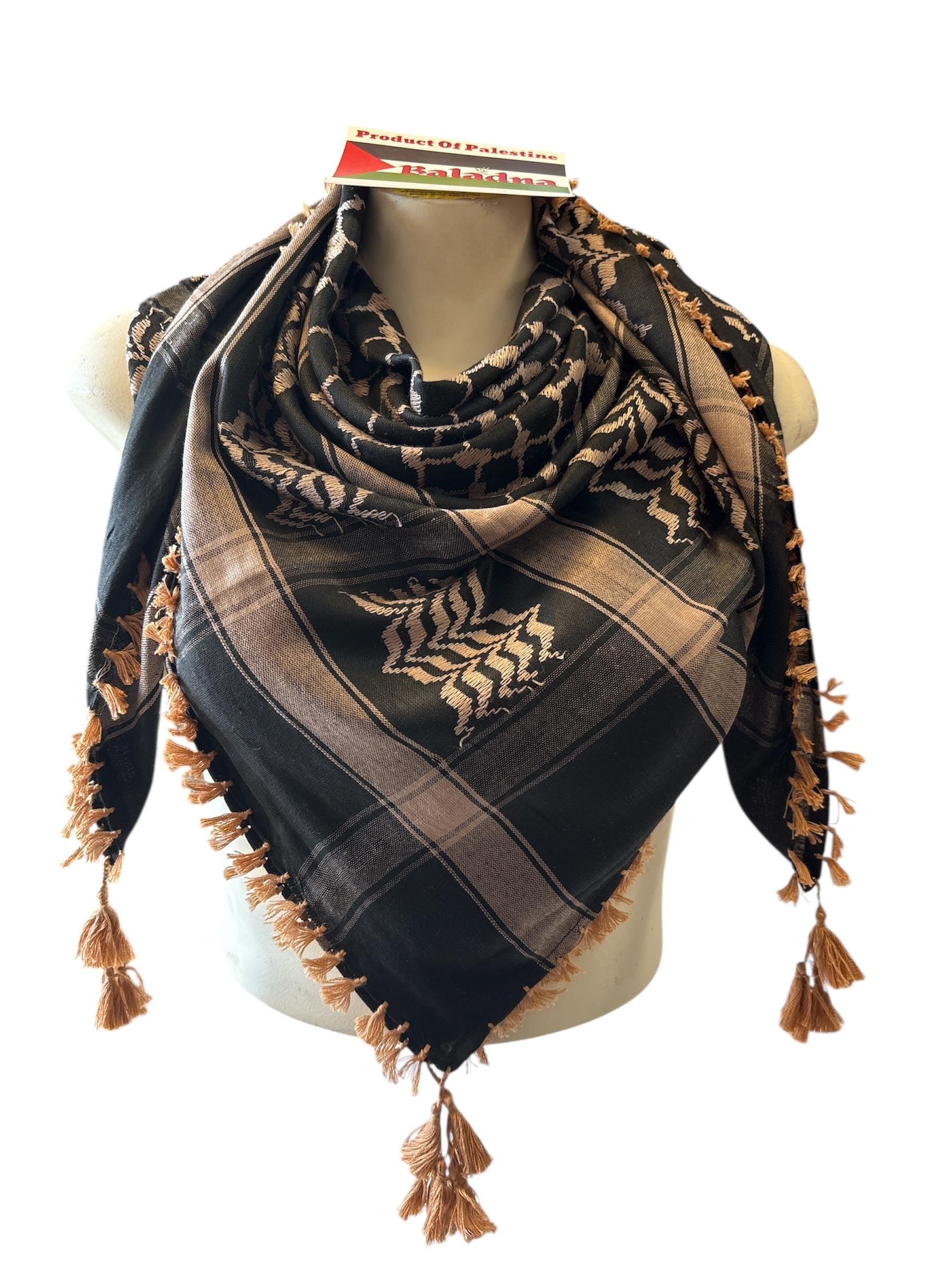 Woven Kufiya Light Brown on Black with 4 sides Tassels - 48"x48"