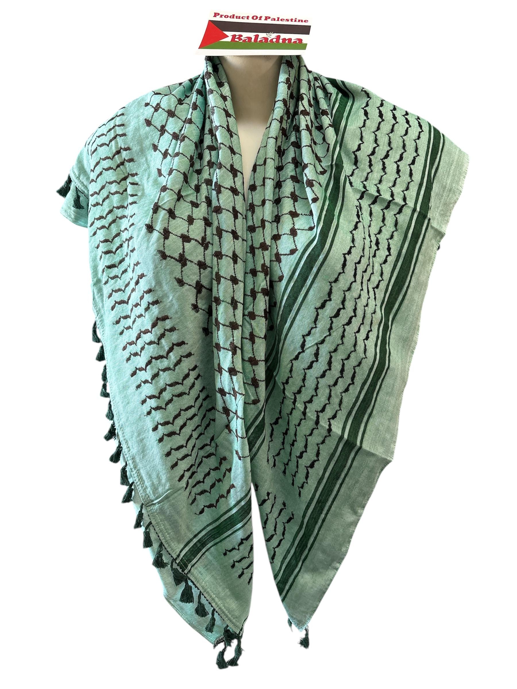 Palestine Made keffiyeh Scarf: Authentic Hebron Woven, black on light green with Green Tassels