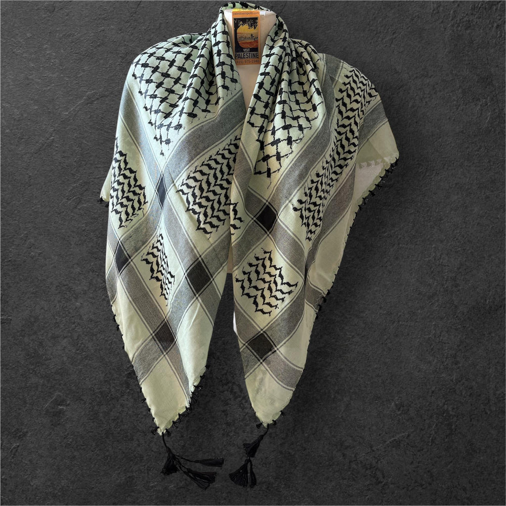 keffiyeh Black on pastel green woven with Tassels - 48"x48"