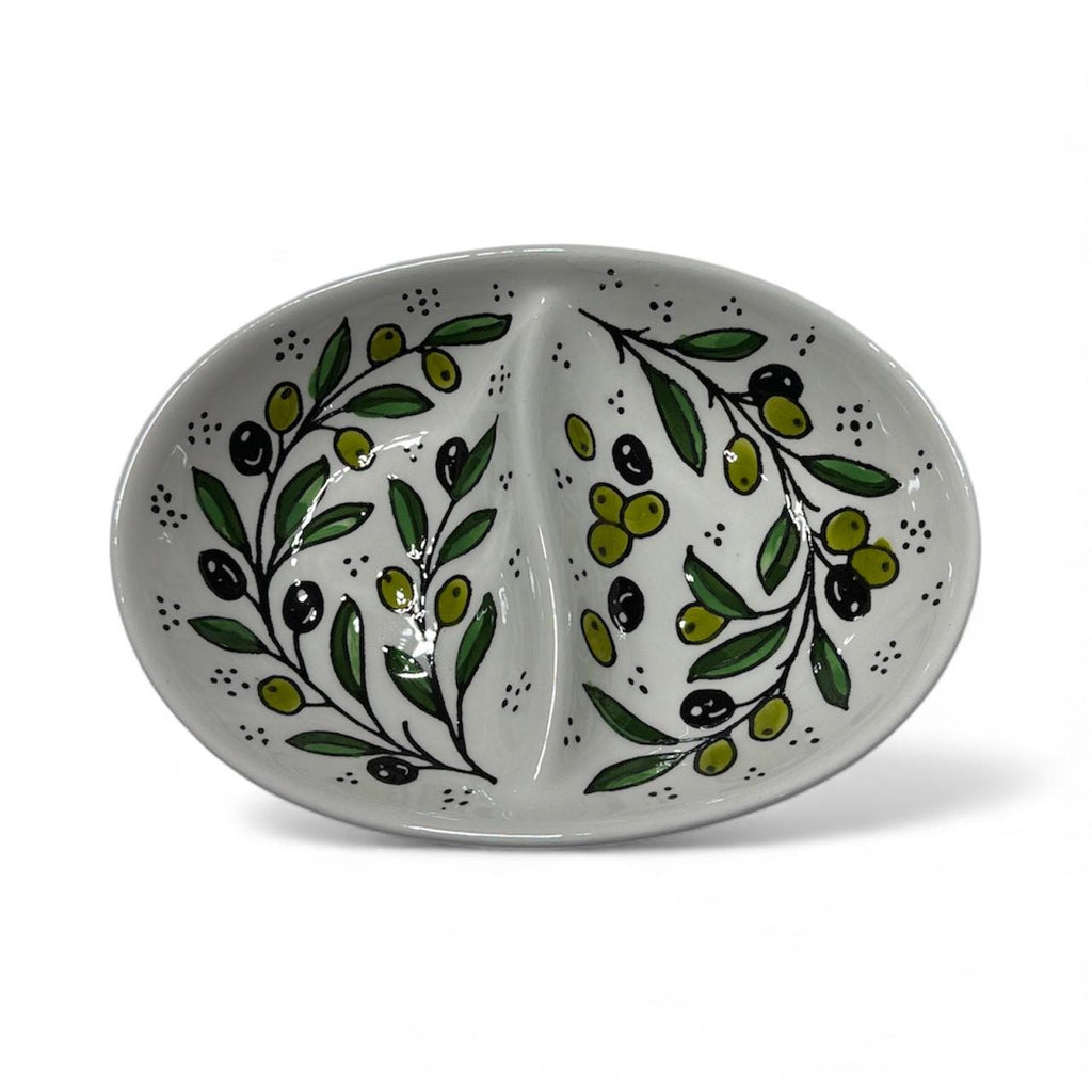 Handmade ceramic Olives design 2 section oval  8”made in Palestine
