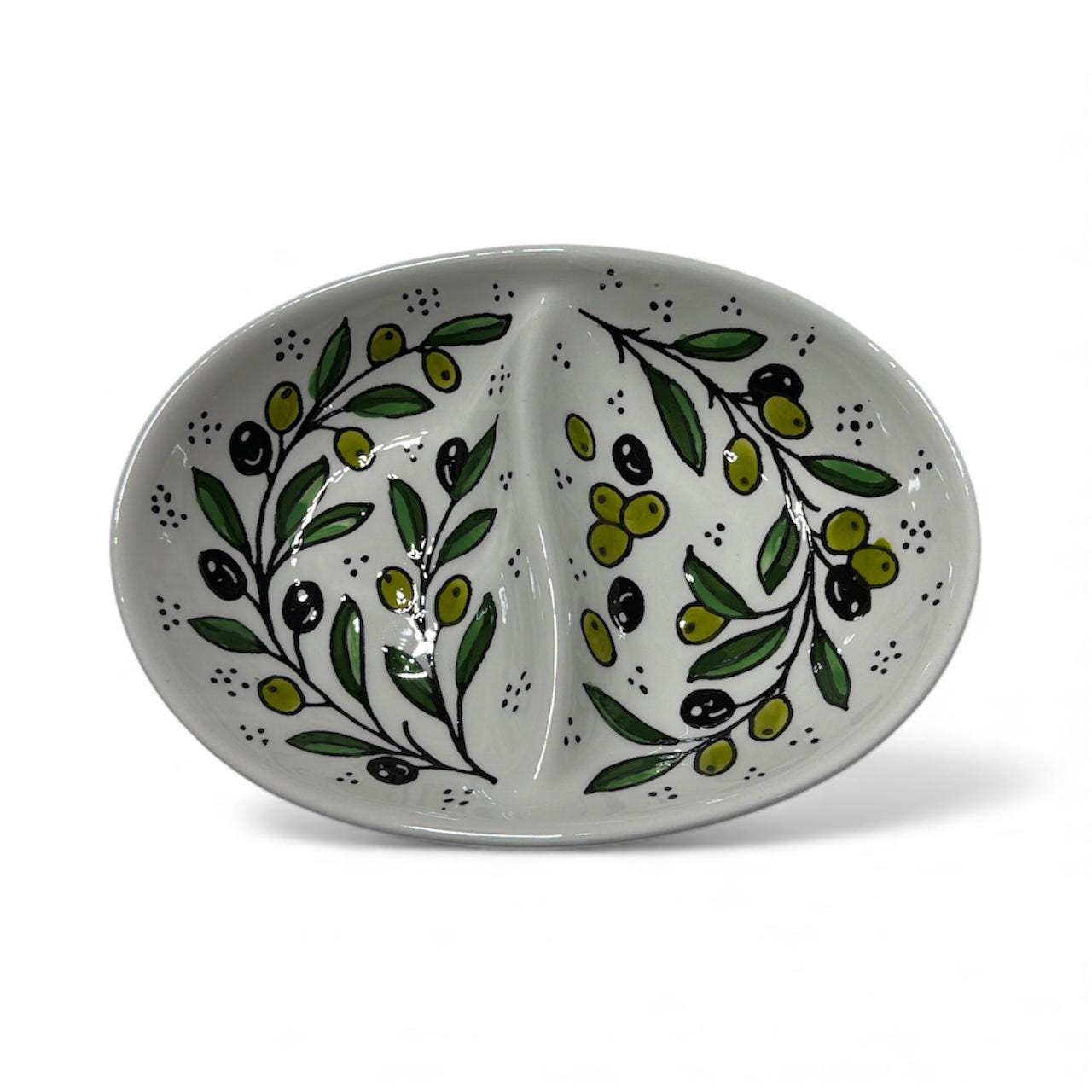 Handmade ceramic Olives design 2 section oval  8”made in Palestine