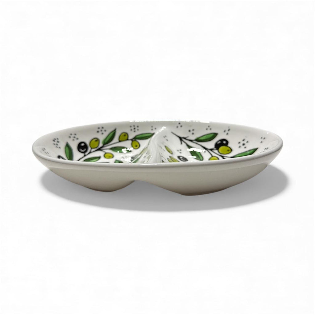 Handmade ceramic Olives design 2 section oval  8”made in Palestine